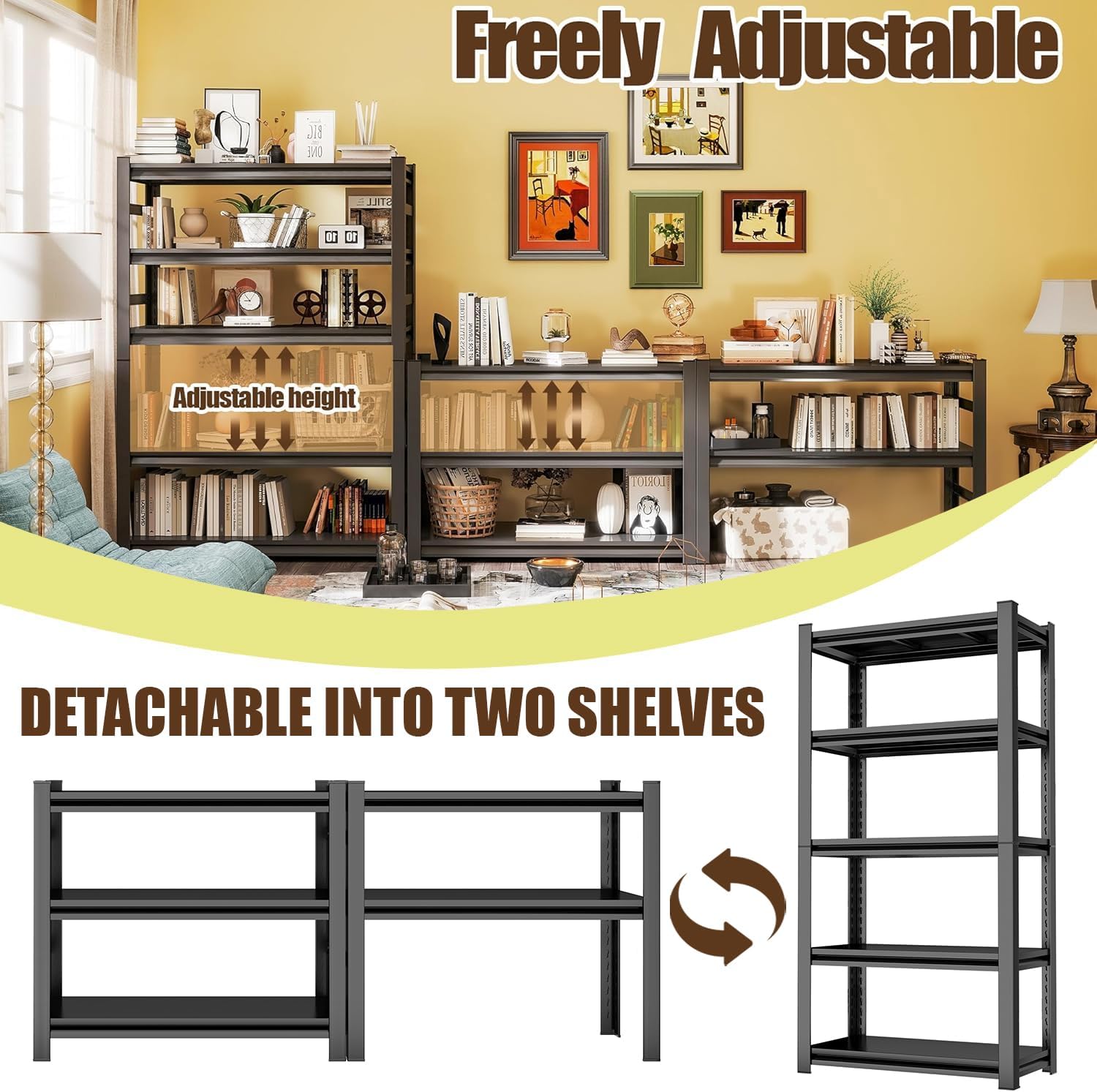 5-Tier Metal Bookshelf,Adjustable Shelves with Guardrails,Standing Bookcase,Heavy-Duty Book Shelving Unit,for Living Room Home Office,Black(71" H x 35.4" W x 15.8")