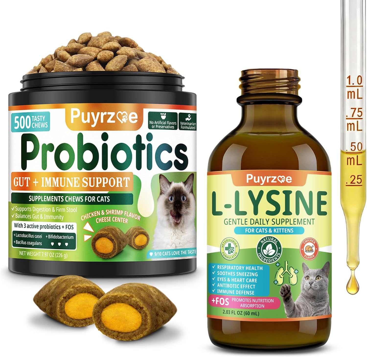 Lysine for Cats Drops + Cat Probiotics Chews – Respiratory & Immune Support + Gut & Digestive Balance – Liquid Lysine 60ml + 500 Chews Crunchy Cheese Core with 3 Probiotics & FOS for Cats