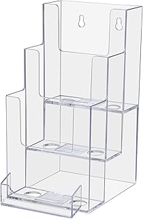 Marketing Holders 2 Pack Brochure Holder Wall Mount or Countertop Clear Acrylic 3 Tier Display 4" W with Attached 3.5" x 2" Business Card Pocket With Hanging Hardware Literature Take One Maps