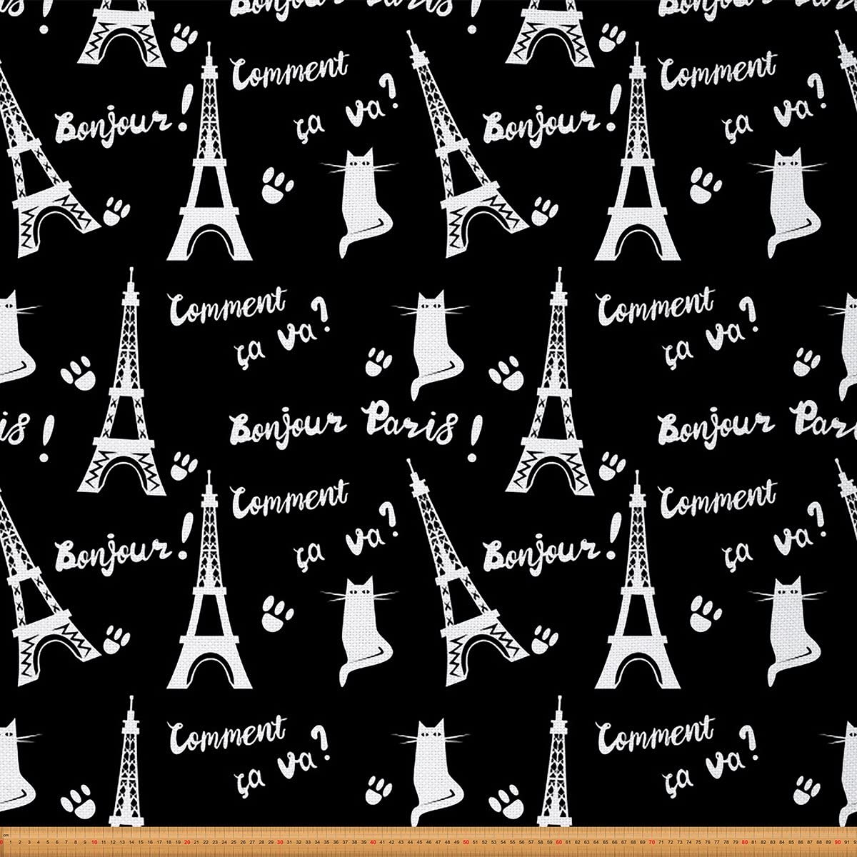 Eiffel Tower Upholstery Fabric for Chairs,Cute Cats Paw Paris Cityscape Outdoor Fabric by The Yard,Modern French Style Fabric for Upholstery and DIY Projects,10 Yards,(L920*W150cm) Black White