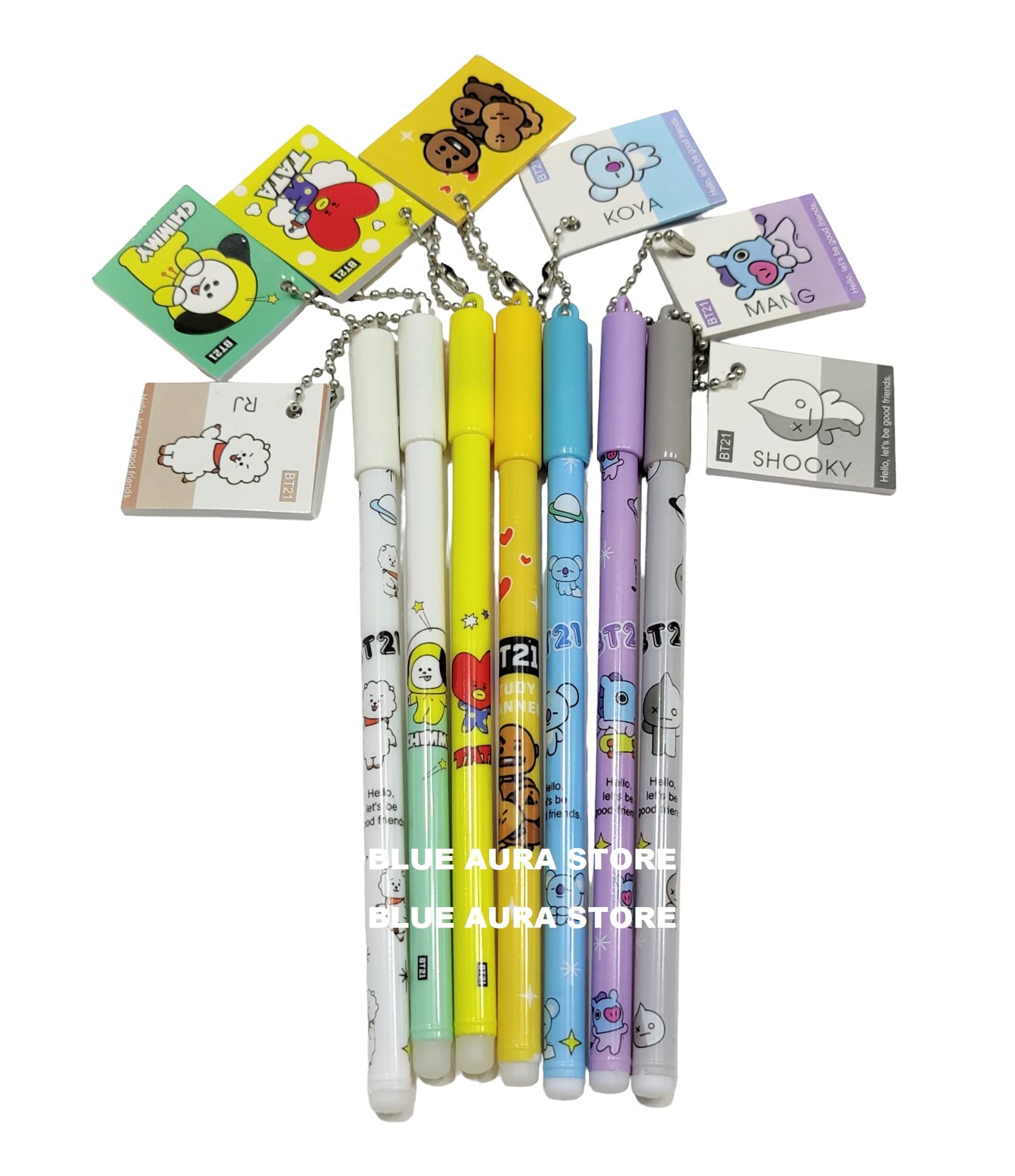 Blue Aura BTS Pen With Mini Diary (Black Ink) Set of 7 Multi color