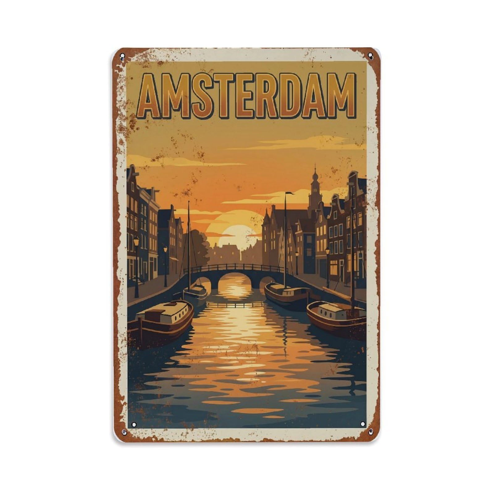 Vintage Travel Sunset Netherlands Golden Metal Tin Sign Plaque Wall Decor for Cafe, Club Bar, Office, Home Garden Metal Poster 8x12Inch