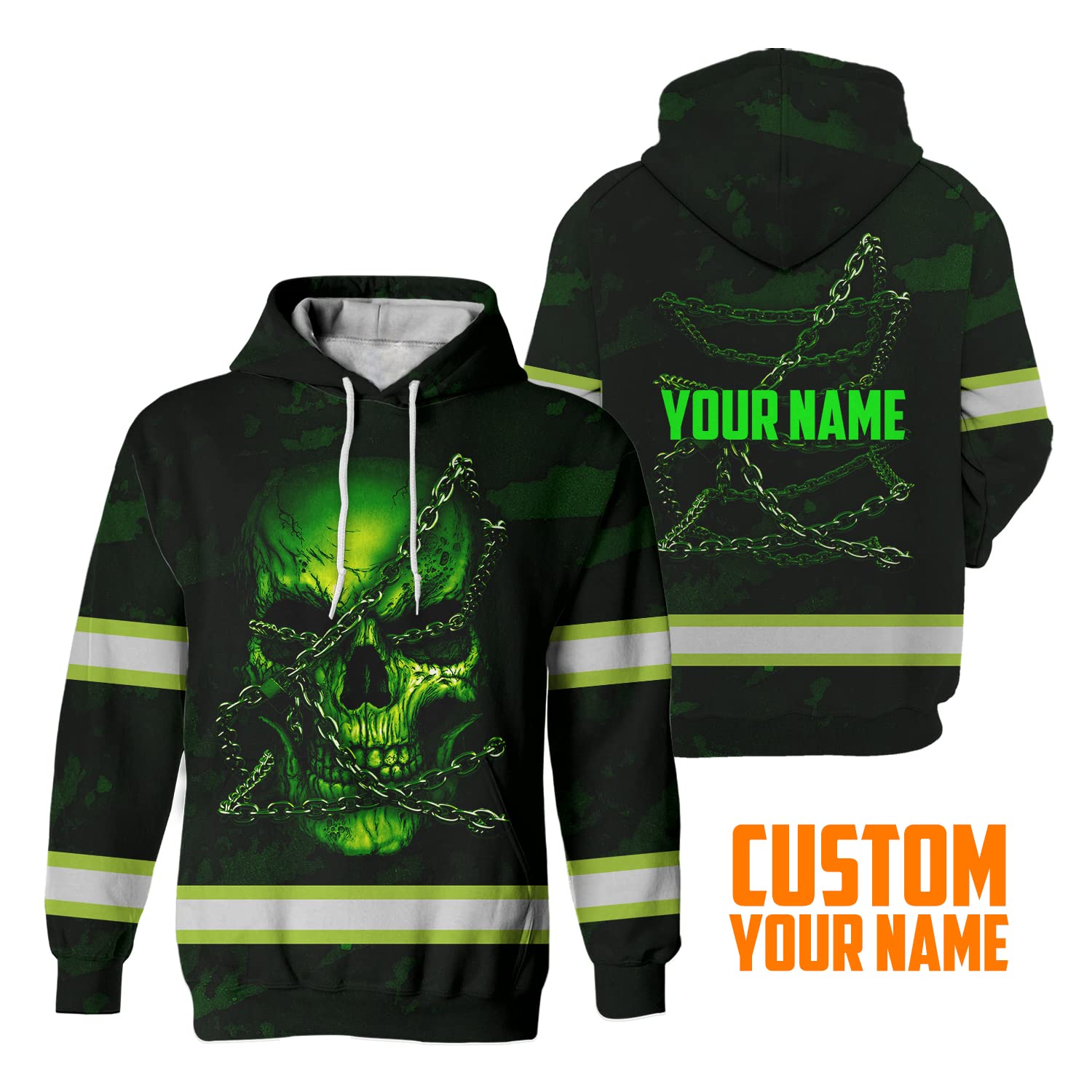 Maddly Hi Vis Hoodie Reflective Green Neon Skull with Chain Custom Name Safety Workwear for Workers, Runners, Cyclists-XL