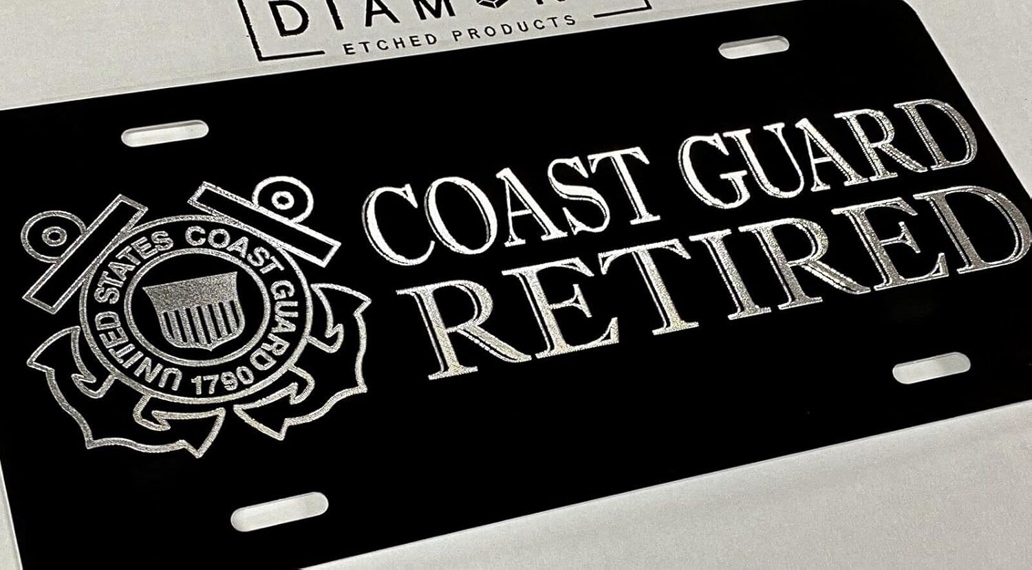 True Engraved US Coast Guard Retired Car Tag Diamond Etched License Plate Gift