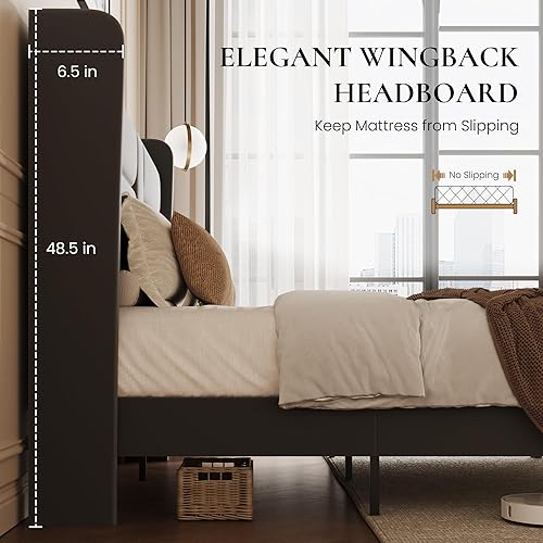 Miniatura 7 de SHA CERLIN Base de cama de tamaño matrimonial con estación de carga y cabecera de almacenamiento, plataforma de terciopelo con diseño moderno