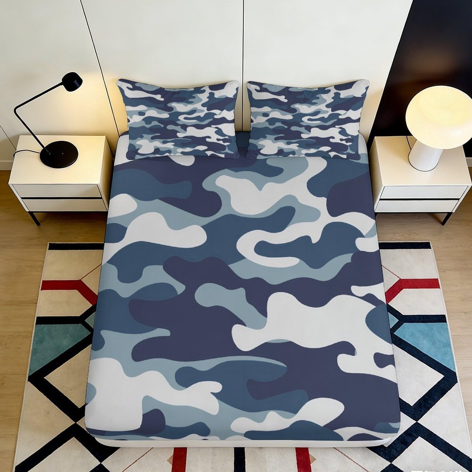 3D Printed Blue Camo Fitted Sheet Microfiber Soft Anti-Slip Urban Camouflage Mattress Cover for Bedroom Dorm Decor 90x200x25cm