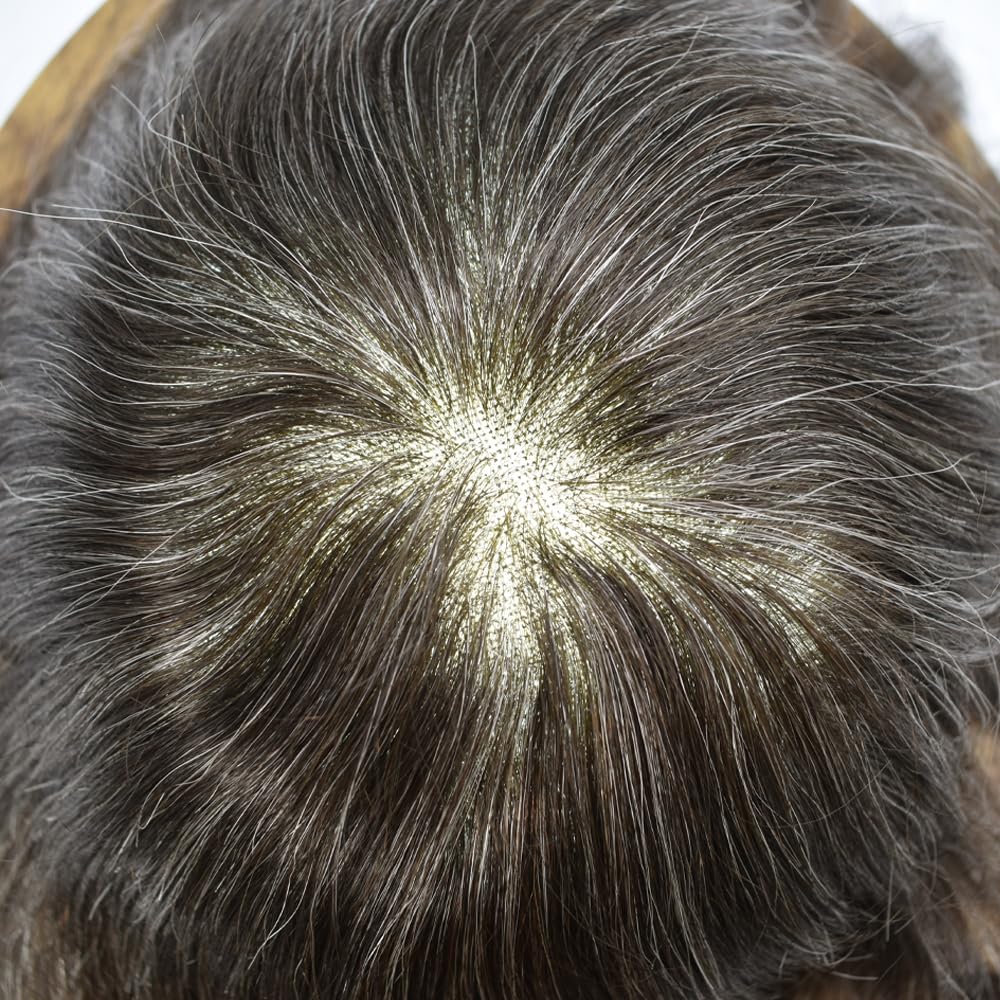 Toupee For Men Hair System French Lace Mens Toupee Real Human Hair System For Men Lace Front Mens Hair Piece Bleched Knot Natural Hairline7x9 light to Medium density#230 2# DARKEST BROWN+30% GREY