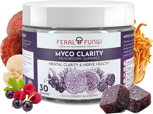 Feral Fungi Gomitas de hongos Myco-Clarity - Melena de león, Reishi y Cordyceps - Apoyo al cerebro y la concentración - 100% cuerpo fructífero -