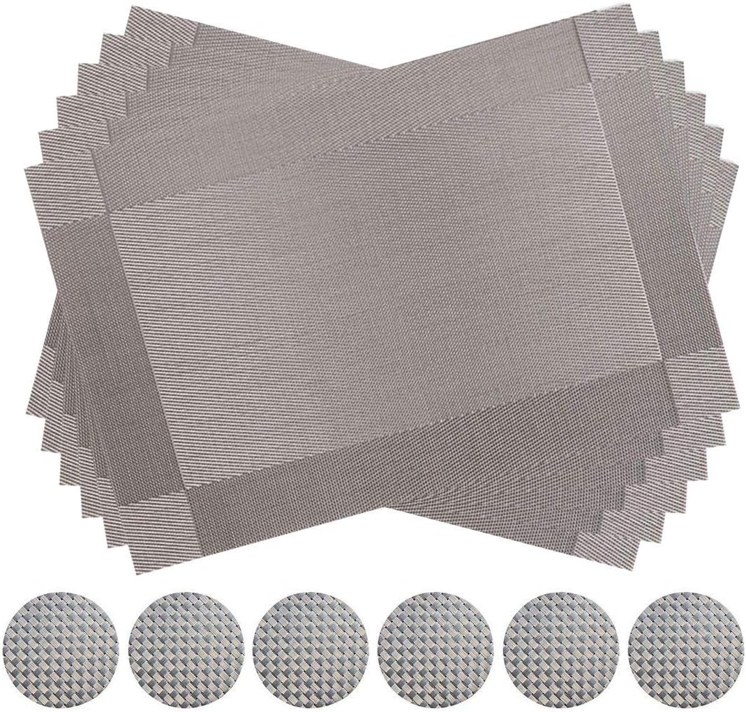 JIATO Placemats Set of 6 With Coasters for Kitchen Table Heat Resistant Washable Vinyl Table Mats (Placemats+Coasters, Grey)