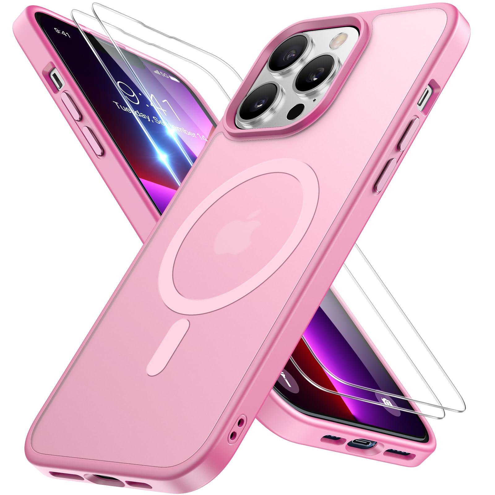 miracase Magnetic for iPhone 13 Pro Max Case 6.7 inch (Compatible with MagSafe)（with 2X Screen Protectors） Military-Grade Protection, Anti-Fingerprint Translucent Matte Phone Case Cover, Mes Pink