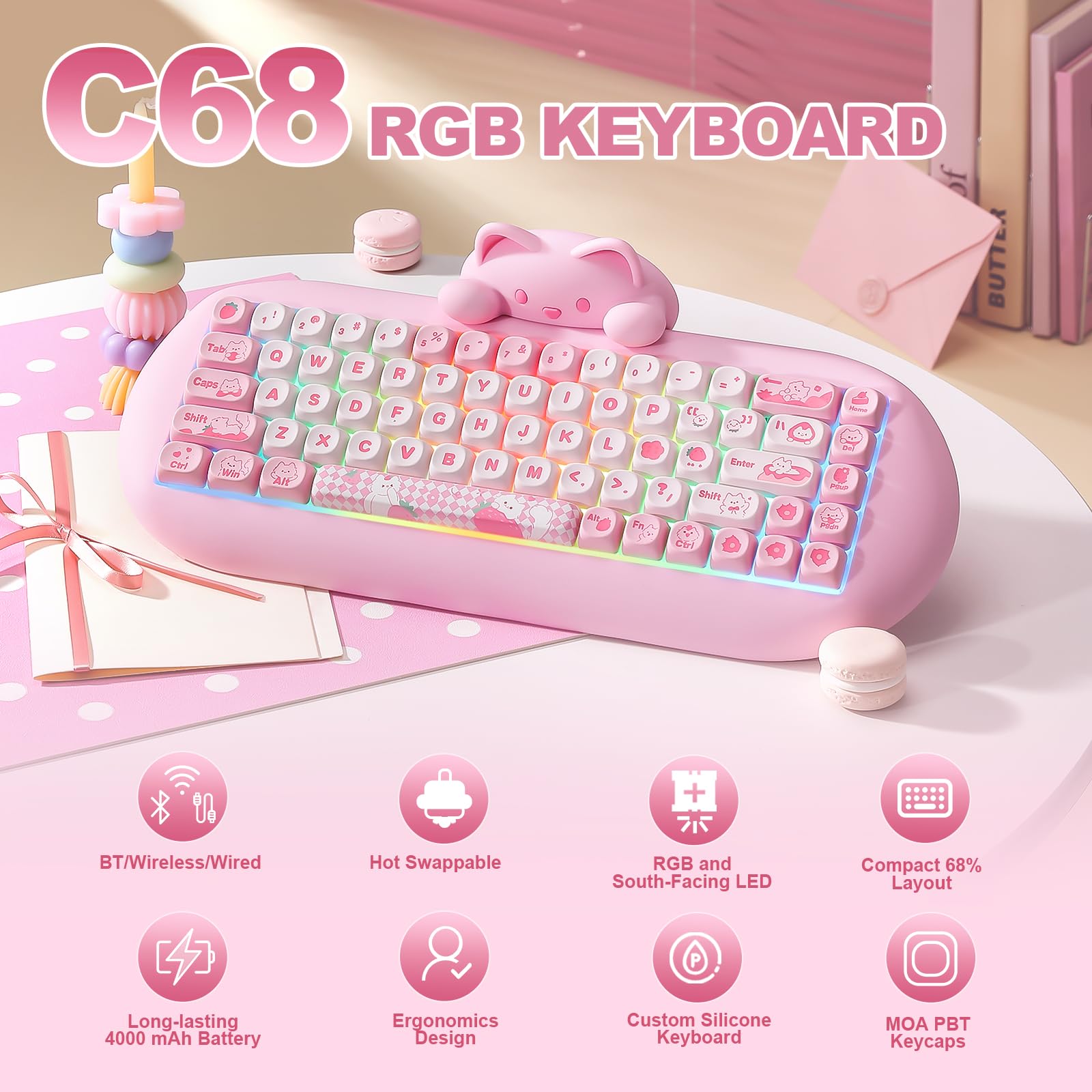Amazon | YUNZII C68 ワイヤレスメカニカルキーボード かわいい猫 ps4