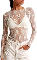 KTILG Women's Lace Long Sleeve Boat Neck Sheer Mesh Blouse - Sexy See Through Top S-XXL