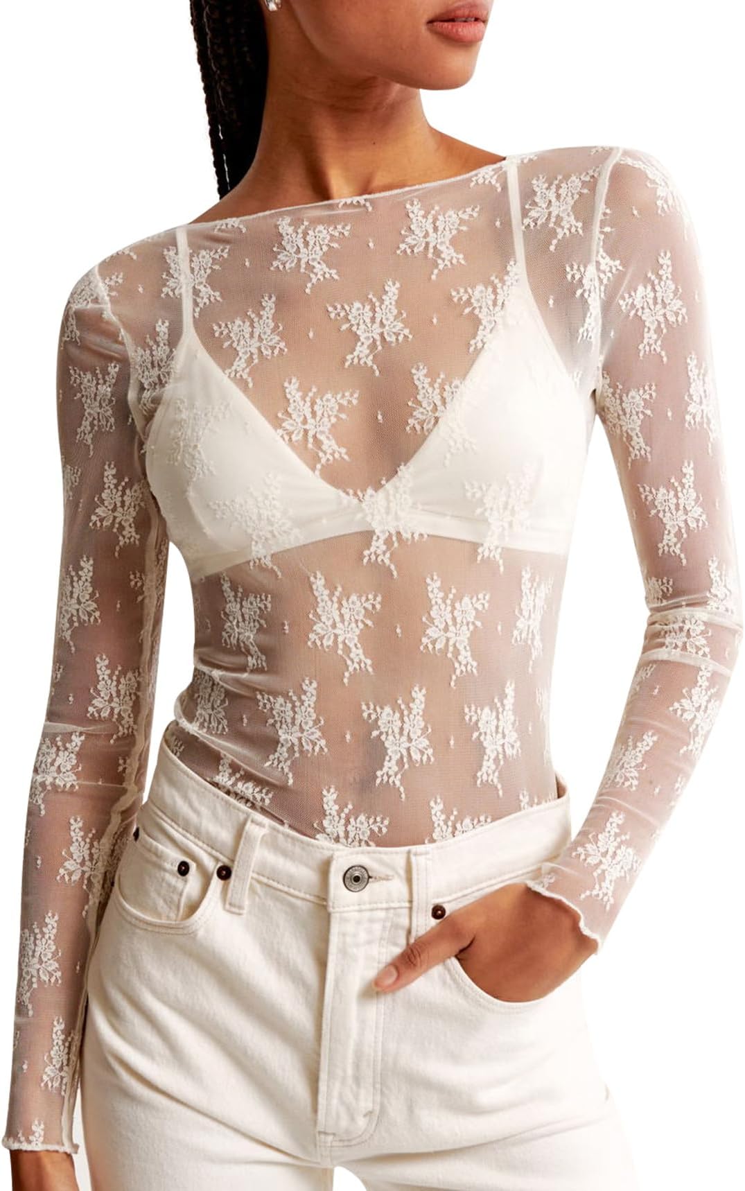 KTILG Womens Lace Long Sleeve Boat Neck Tops Sheer Blouse Sexy See Through Shirt Mesh Top S-XXL