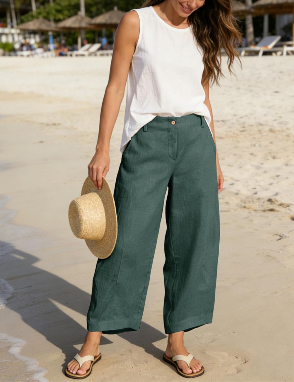 Athlisan Womens Linen Barrel Pants Casual Baggy Wide Leg Palazzo Trousers Summer Beach Capri Pants - Image 6