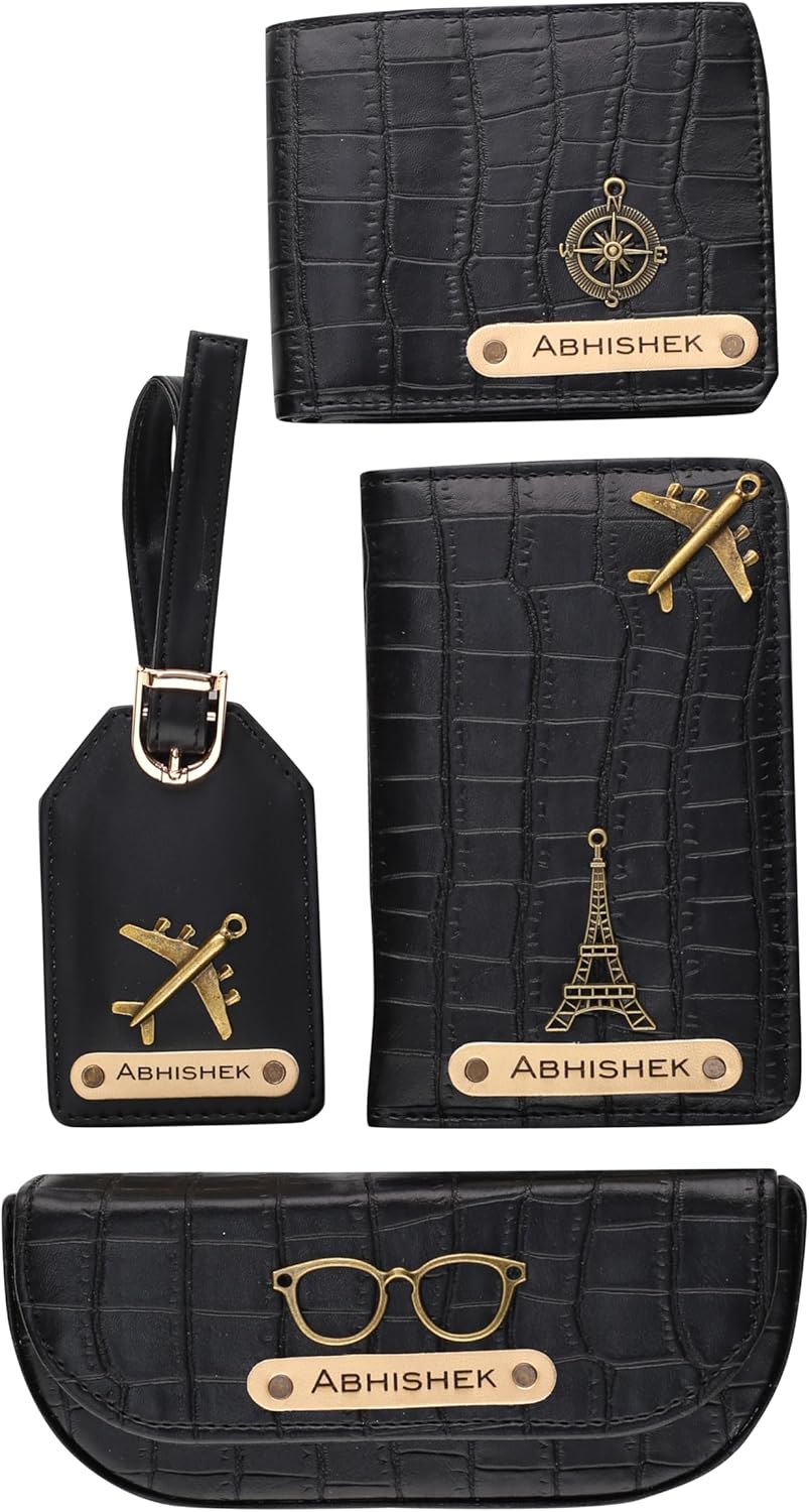 Personalized Name & Charm Mens (Wallet, Passport Cover, BagTag & Eyewear Cover) Giftset| Birthday Anniversary Wedding Gifts for Men | Rakhi Rakshabandhan Gifts for Brother, Black, 4.5 X 3.5 X