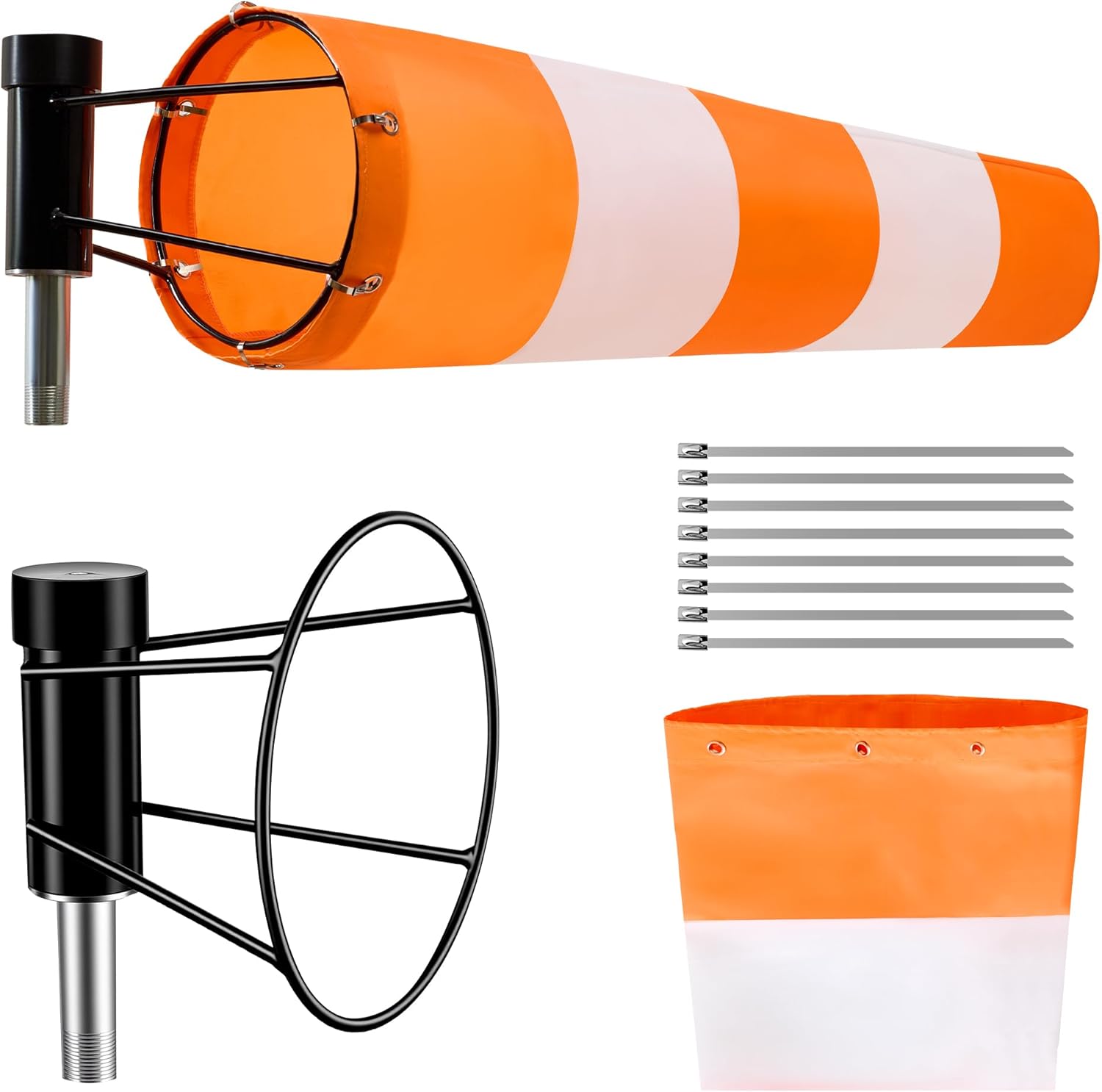 Heavy Duty Windsock 8" x 36" Orange & White – Includes Outdoor Heavy Duty Wind Sock & 8" Diameter Ball Bearing Windsocks Frame for Airport, Helipads & Industrial Use (Pole Not Included)
