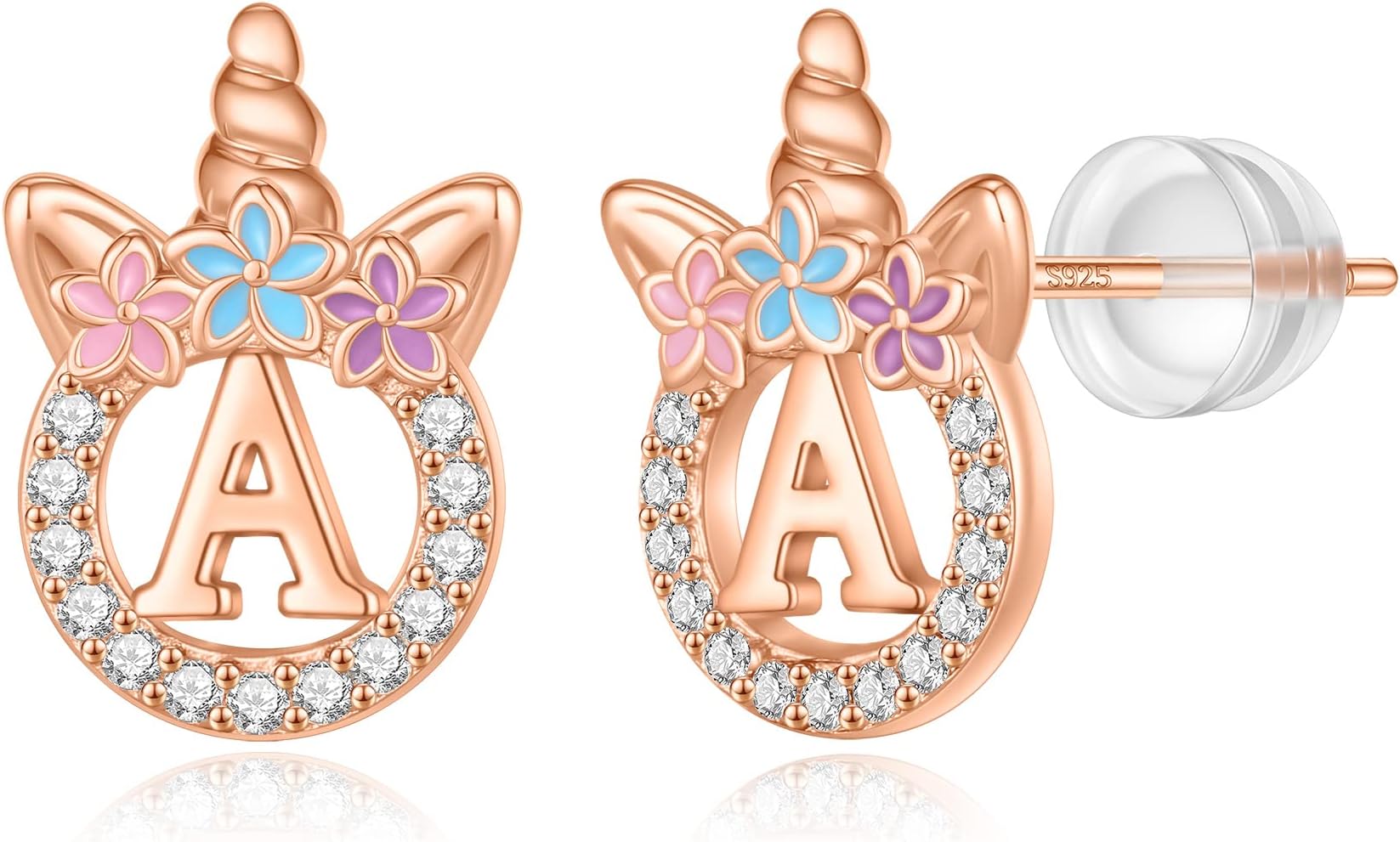 Unicorns Gifts for Girls Earrings,14k Gold/White Gold/Rose Gold Plated Sterling Silver Post CZ Unicorn Stud Earrings for Girls Initial Stud Unicorn Earrings for Little Girls Kids Jewelry Gifts