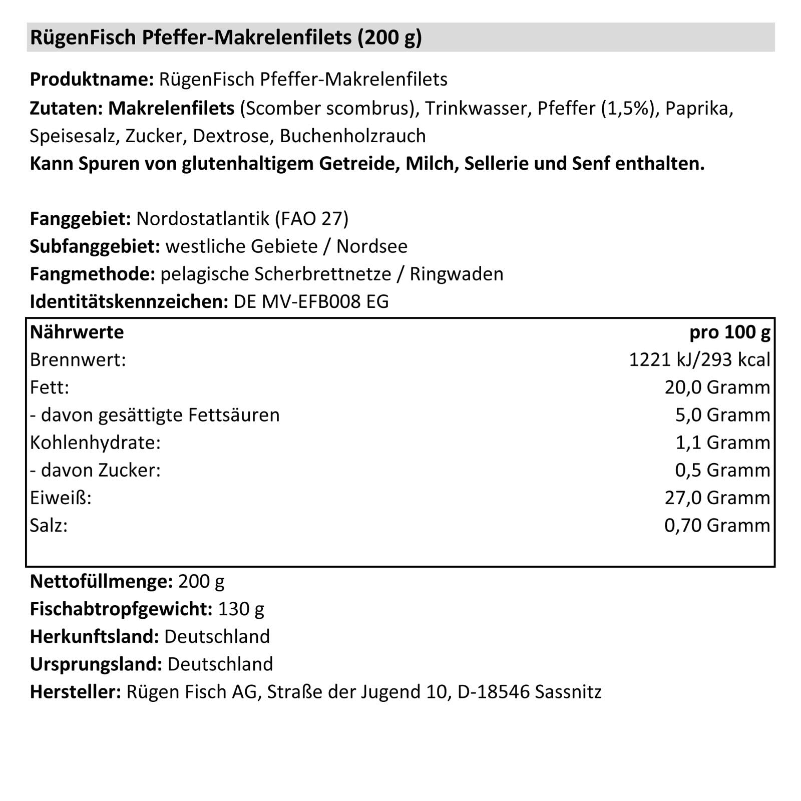 19er Pack Rügen Fisch Pfeffermakrelenfilets 19 x 200 g Makrelenfilet