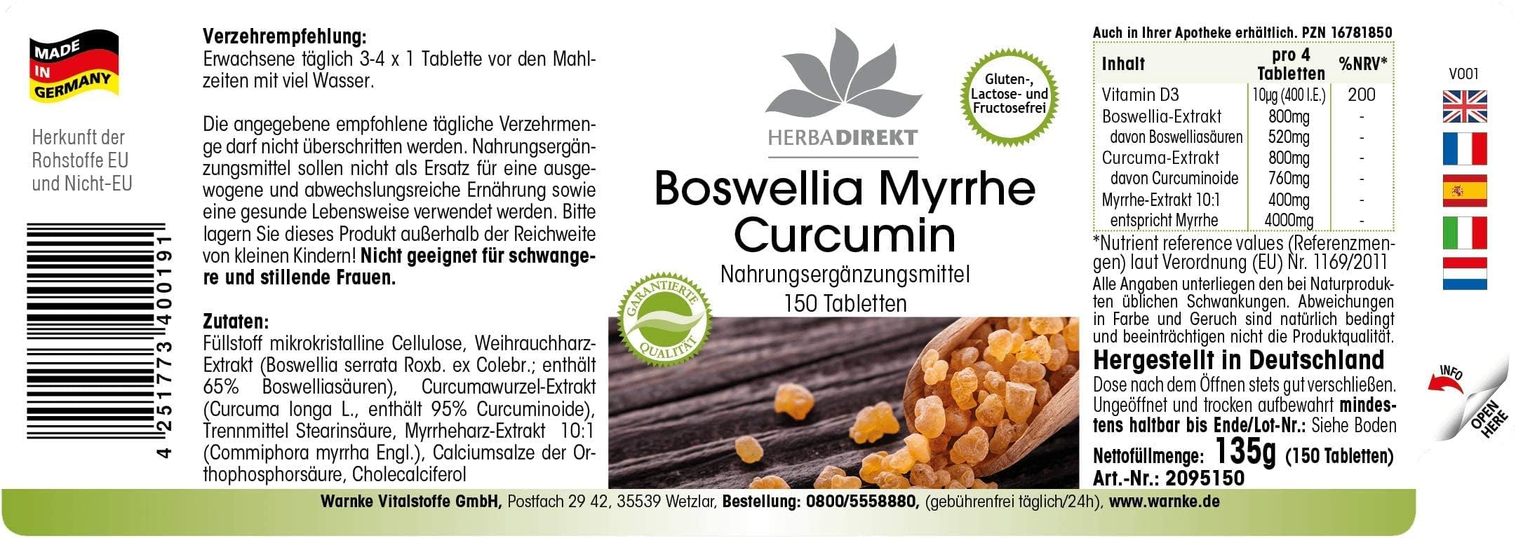 Boswellia Tabletten - mit Myrrhe und Curcumin - 150 Tabletten - mit Vitamin D3 | HERBADIREKT by Warnke Vitalstoffe - Deutsche Apothekenqualität (Packung mit 2)