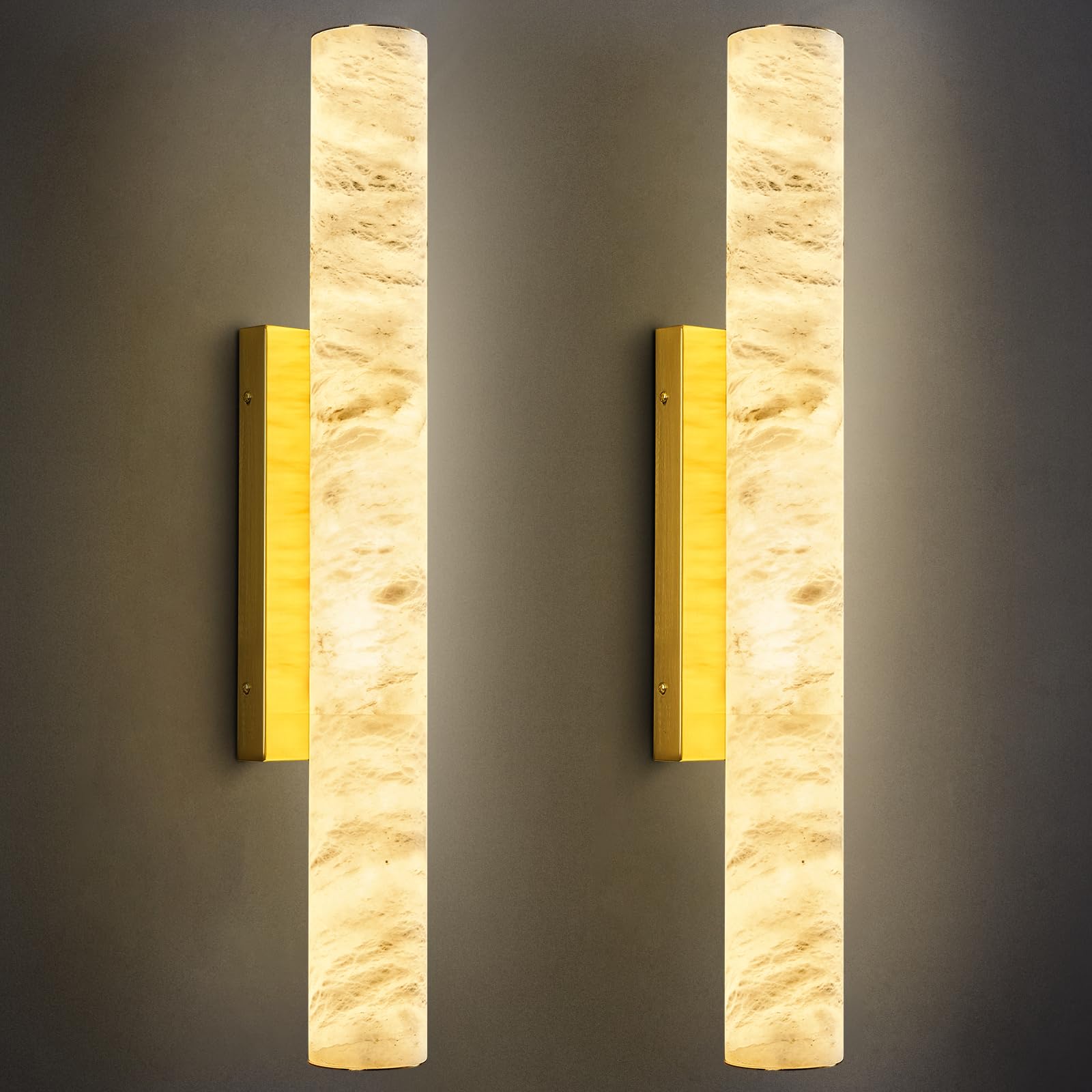 Photo 1 of LMQNINE Natural Alabaster Wall Sconces Set of Two Spanish Marble Wall Light Cylinder Modern Gold LED Sconce for Living Room Bedroom Bathroo Stairs?M-2Pack?