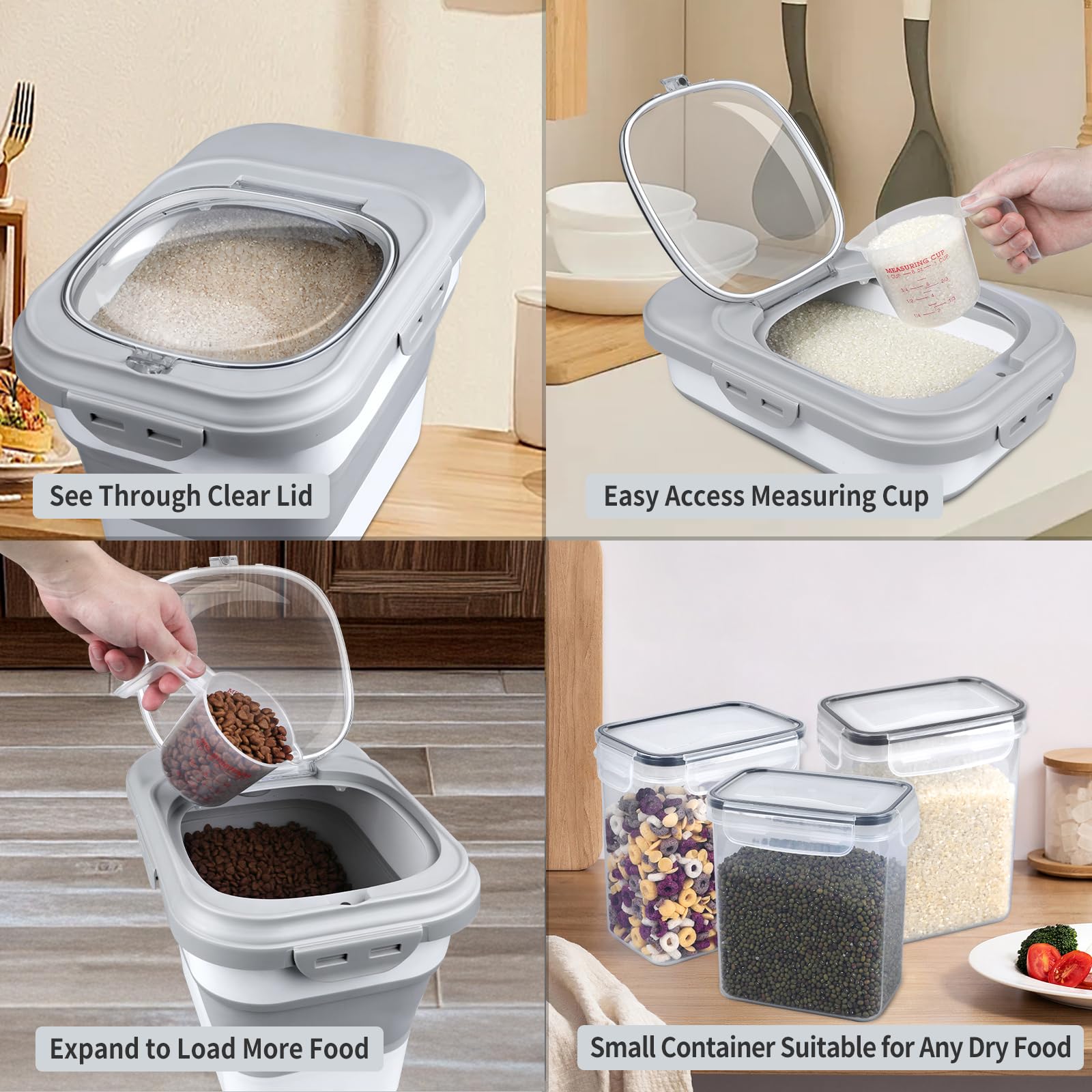 Komzon Contenitore per riso, contenitore ermetico pieghevole per alimenti, 2,7-9,1 kg, dispenser per riso con misurino e piccolo cestino per farina, cereali, pasta, cereali, gatti, animali domestici