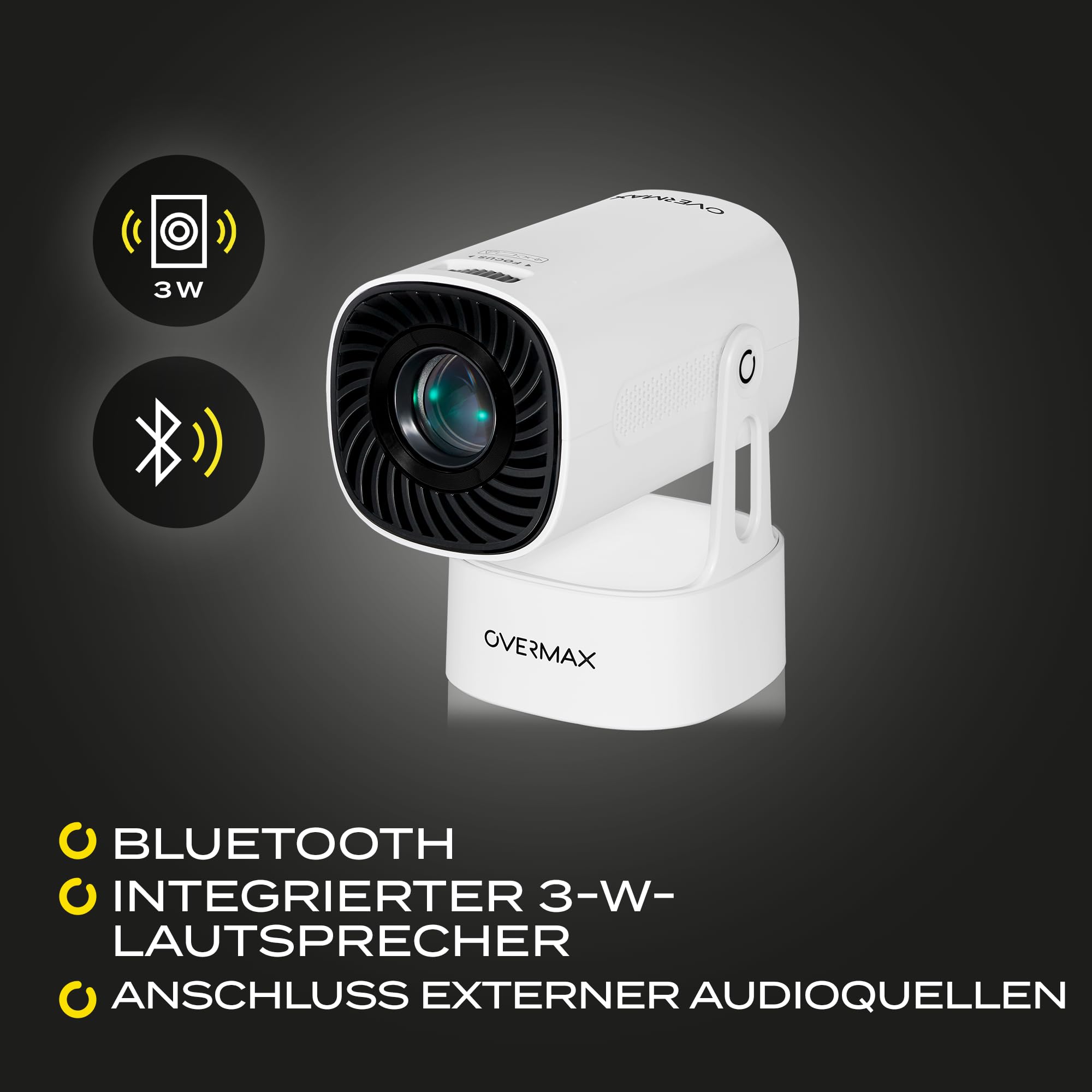 OVERMAX MULTIPIC EZ Mini Projektor 4K FullHD, 120 Min. Akkulaufzeit 5000mAh, Trapezkorrektur, Bild bis zu 200", Wi-Fi, Bluetooth, 2000 Lumen 120 ANSI, Nightsky & Ambiente, Fernbedienung, Android