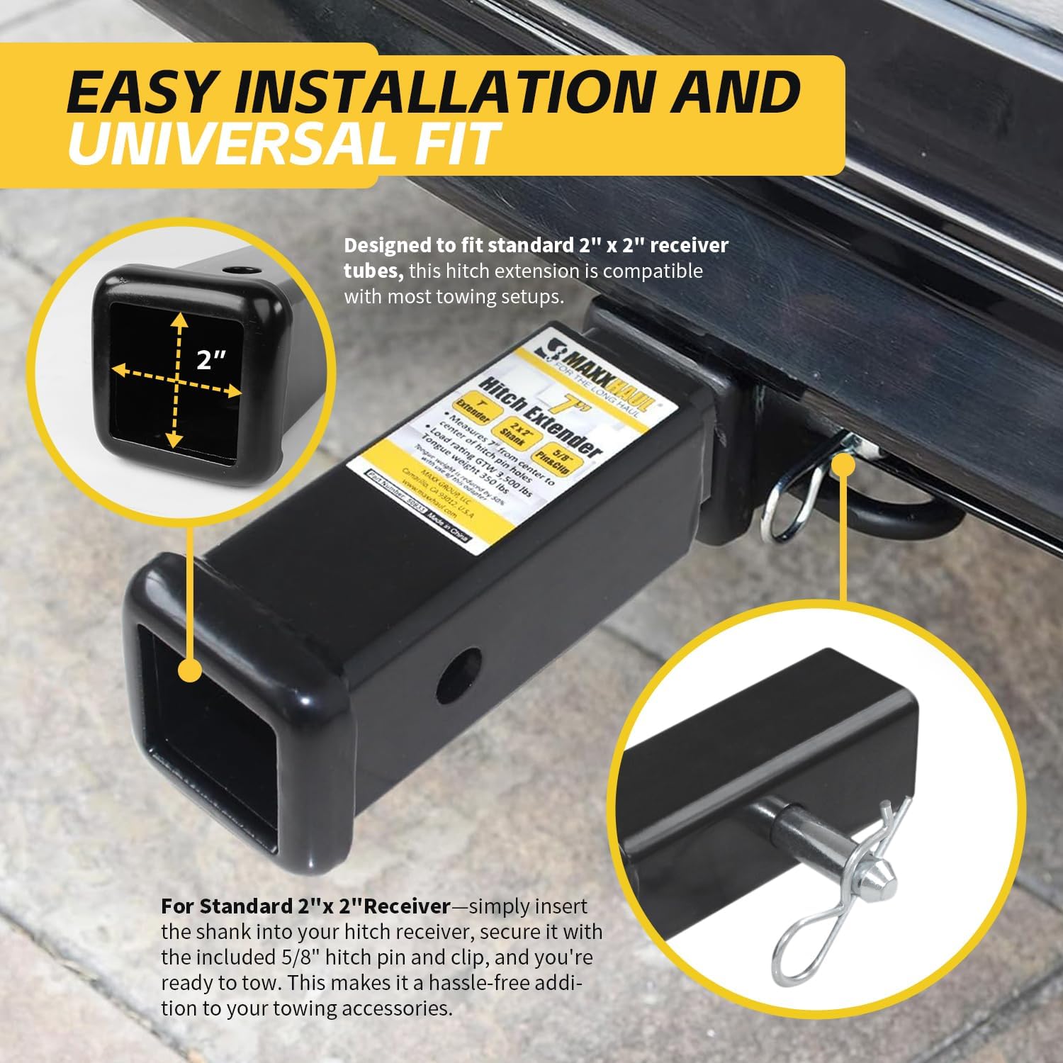 MaxxHaul 50833 2 x 2 inch Trailer Hitch Receiver Extender 7 inch Hitch Extension Length 3500 Lbs GTW