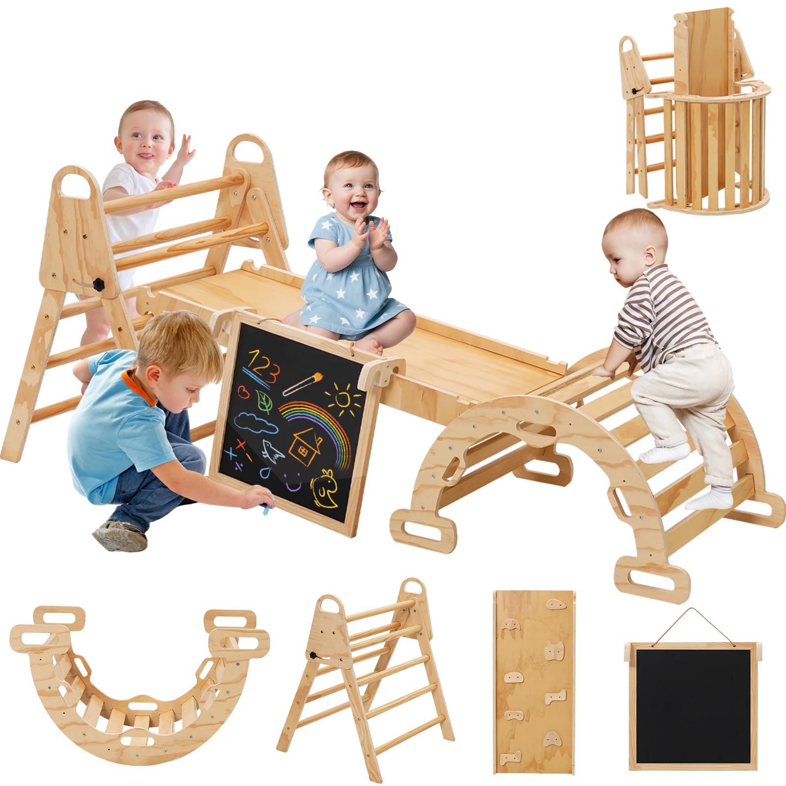 8en1 Madera Triangle Set Triángulo de Escalada Montessori de Interior con Arco Montessori Madera, Tobogán y Mini Tablero de Dibujo Infantil Parque de Escalada Montessori de 1 a 6 Años