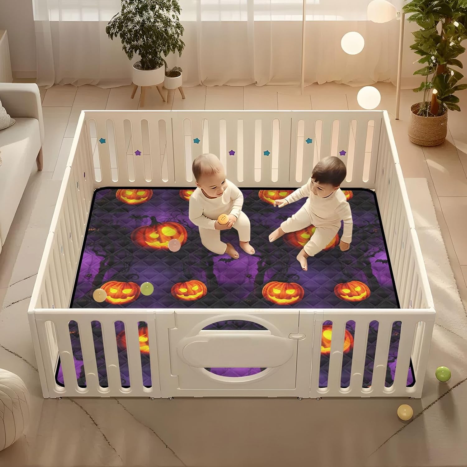 Halloween Pumpkins and Bats Baby Play Mat, 50“ X 50” Washable Folding Crawling Mat, Baby Floor Mat, Soft, Non-Slip