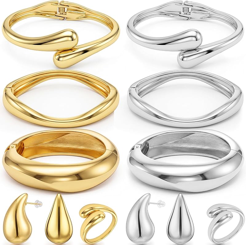 10 pulseras gruesas para mujer, joyería de oro y plata | Incluye brazaletes, brazaletes en forma de cúpula, aretes en forma de lágrima y un anillo llamativo ajustable para uso diario o para regalar.
