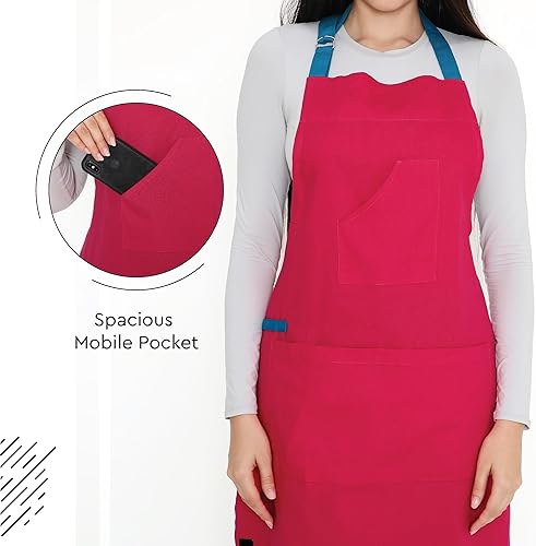 Miniatura 8 de Encasa Homes - Delantal de cocina para mujer con bolsillos y toallero, cuello ajustable, 100% algodón, para hombres y chefs para cocinar y hornear