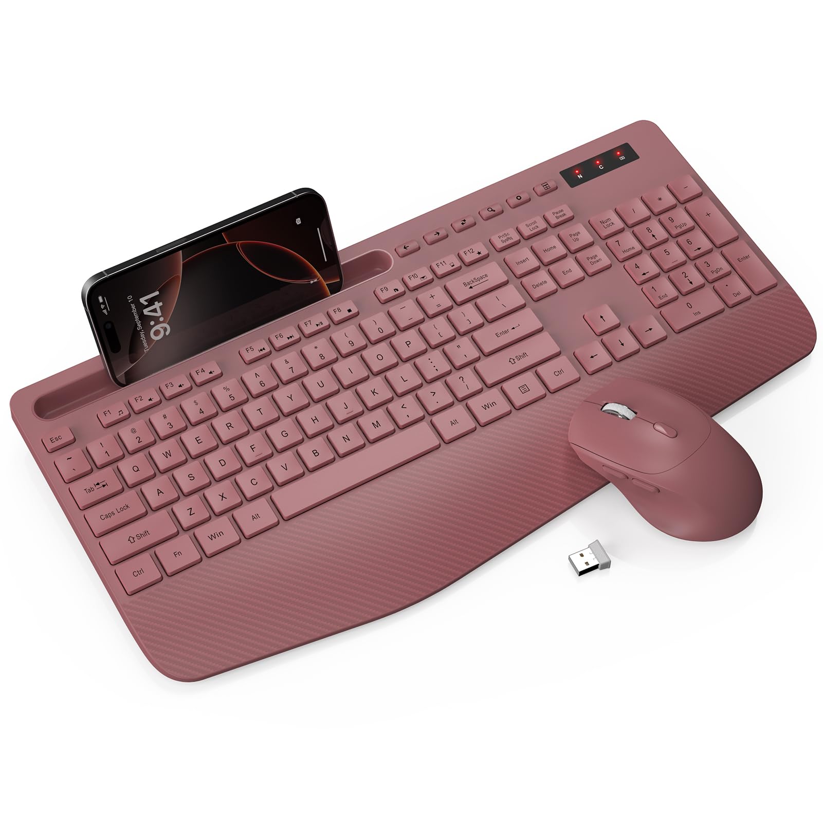 Wireless Keyboard and Mouse Combo - Full-Sized Ergonomic Keyboard with Wrist Rest Phone Holder Sleep Mode Silent 2