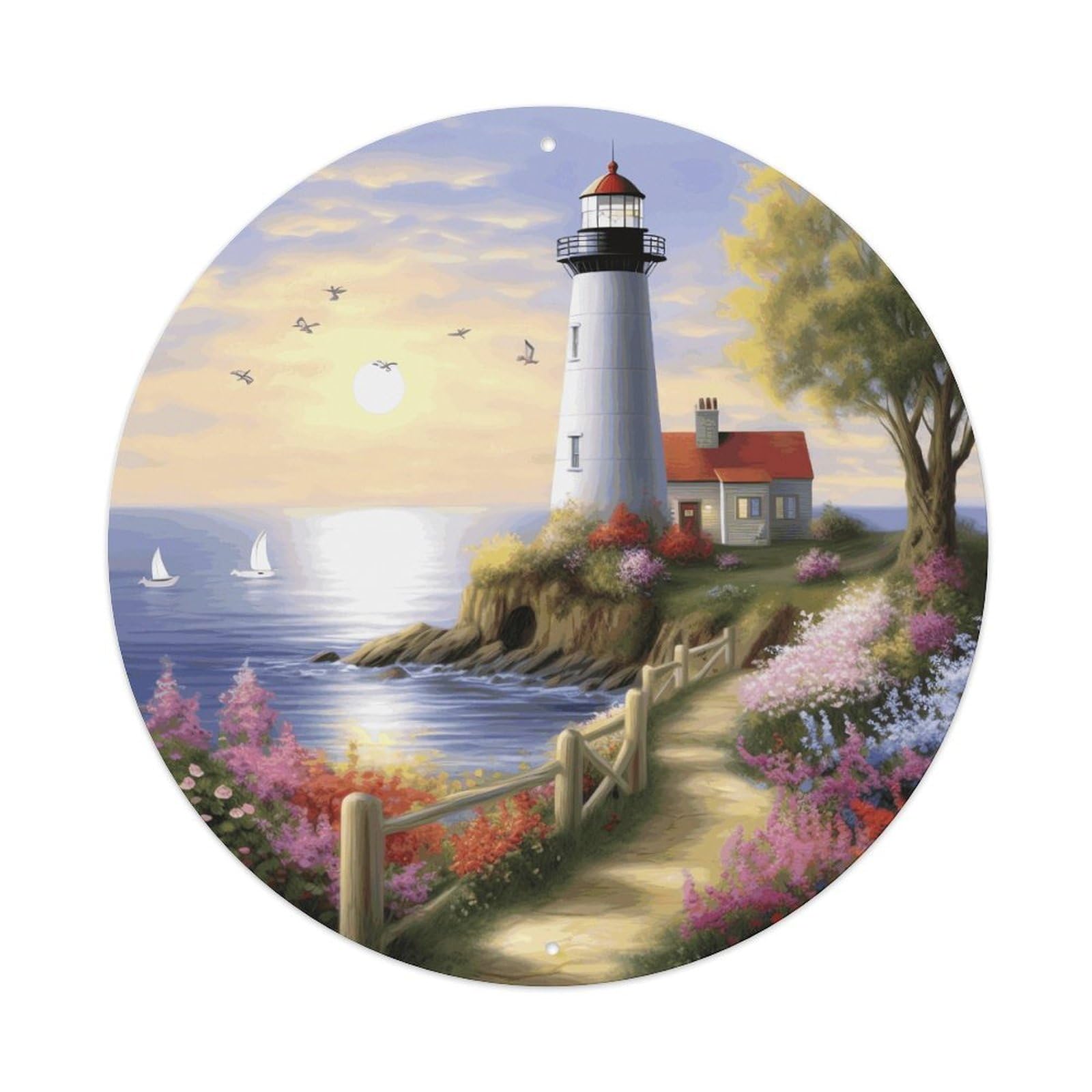 LZQPOEAS Lighthouse Diamond Painting Round Aluminum Wall Art Sign, Metal Indoor Wall Decor with Holes, Durable Circular Aluminum Plaque for Home, Bar, Cafe, Living Room, And Office Decoration