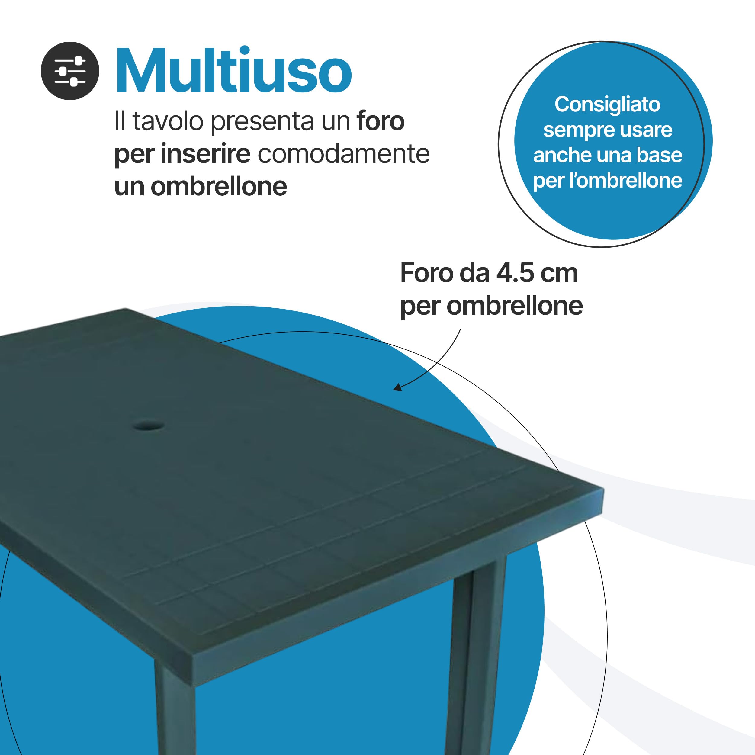 Tomaino - Tavolo Da Giardino In Plastica Rettangolare - Tavolo Plastica Esterno con Gambe Smontabili e Foro per Ombrellone - Tavolino da Esterno Verde
