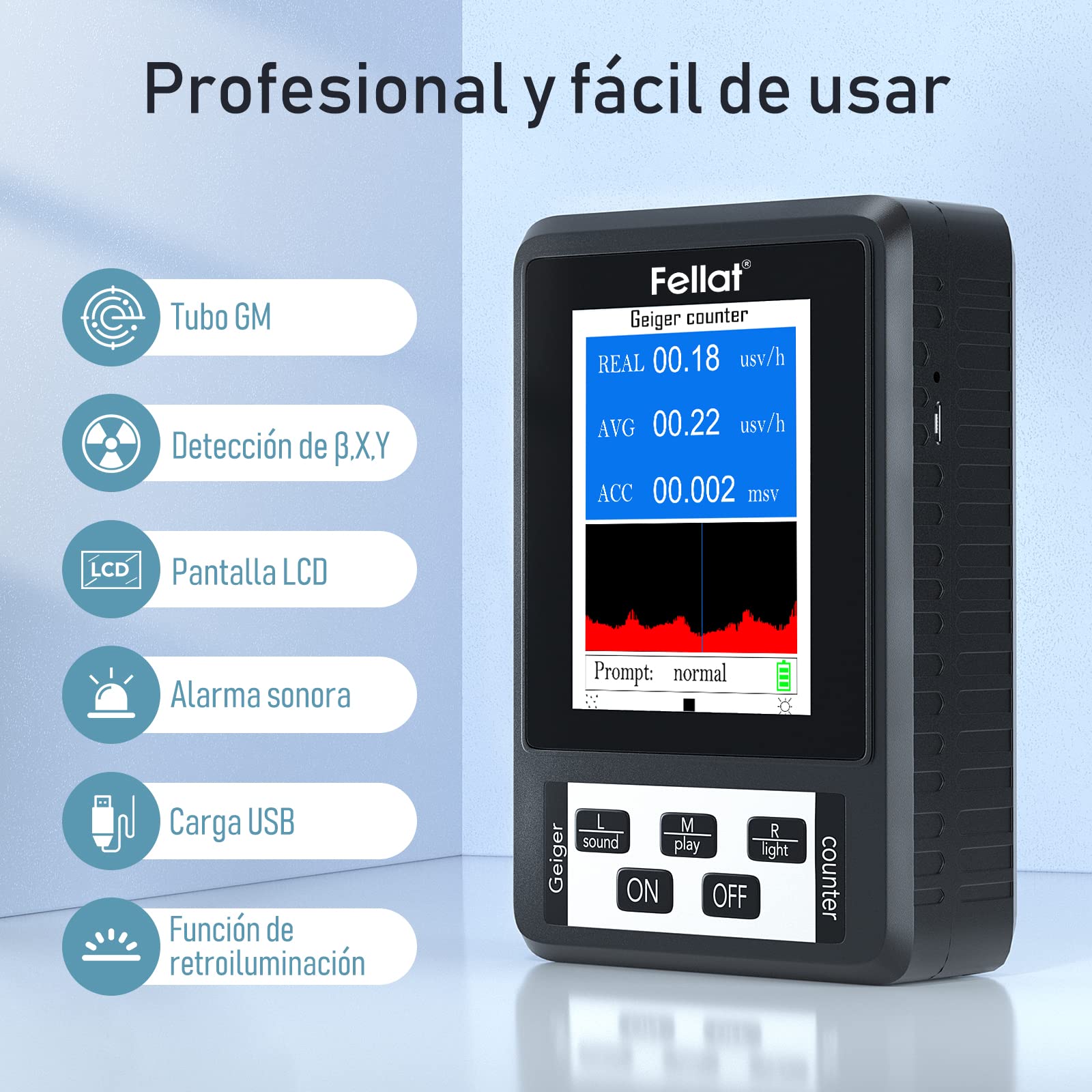 Detector de Radiación Nuclear Contador Geiger, Fellat Portátil Digital Dosimeter de Alta Sensibilidad Precisión Beta Gamma X-ray Monitor con Pantalla LCD Grande