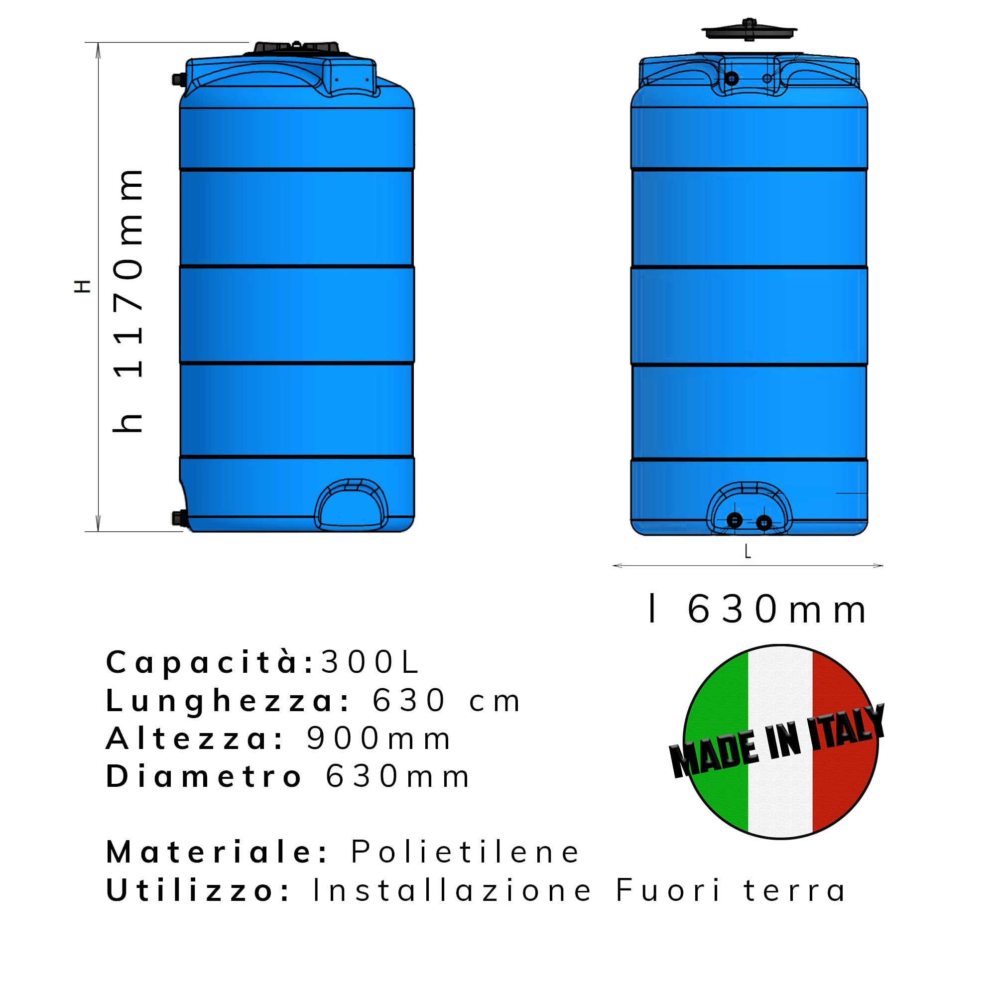 Serbatoio Acqua Potabile 300 Litri In Polietilene - Diametro 50cm, Made In Italy - Foto 2
