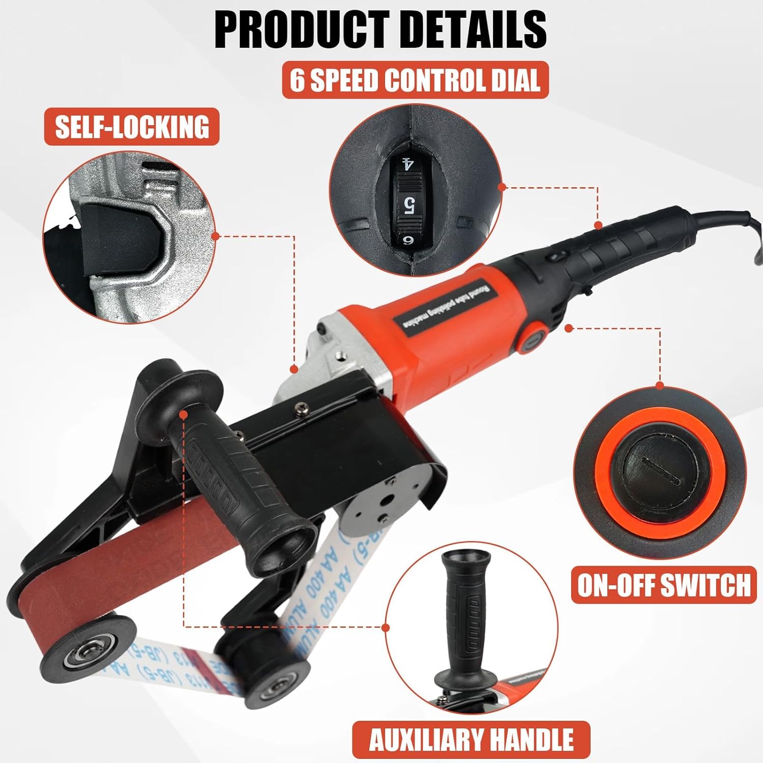Pipe Tube Polisher Sander, 110V 800W Pipe Belt Sander, 6-Speed Adjustable 500-10000RPM, Handheld Grinder with 50 Pcs Sanding Belts for Finishing, Polishing, Rust Removal
