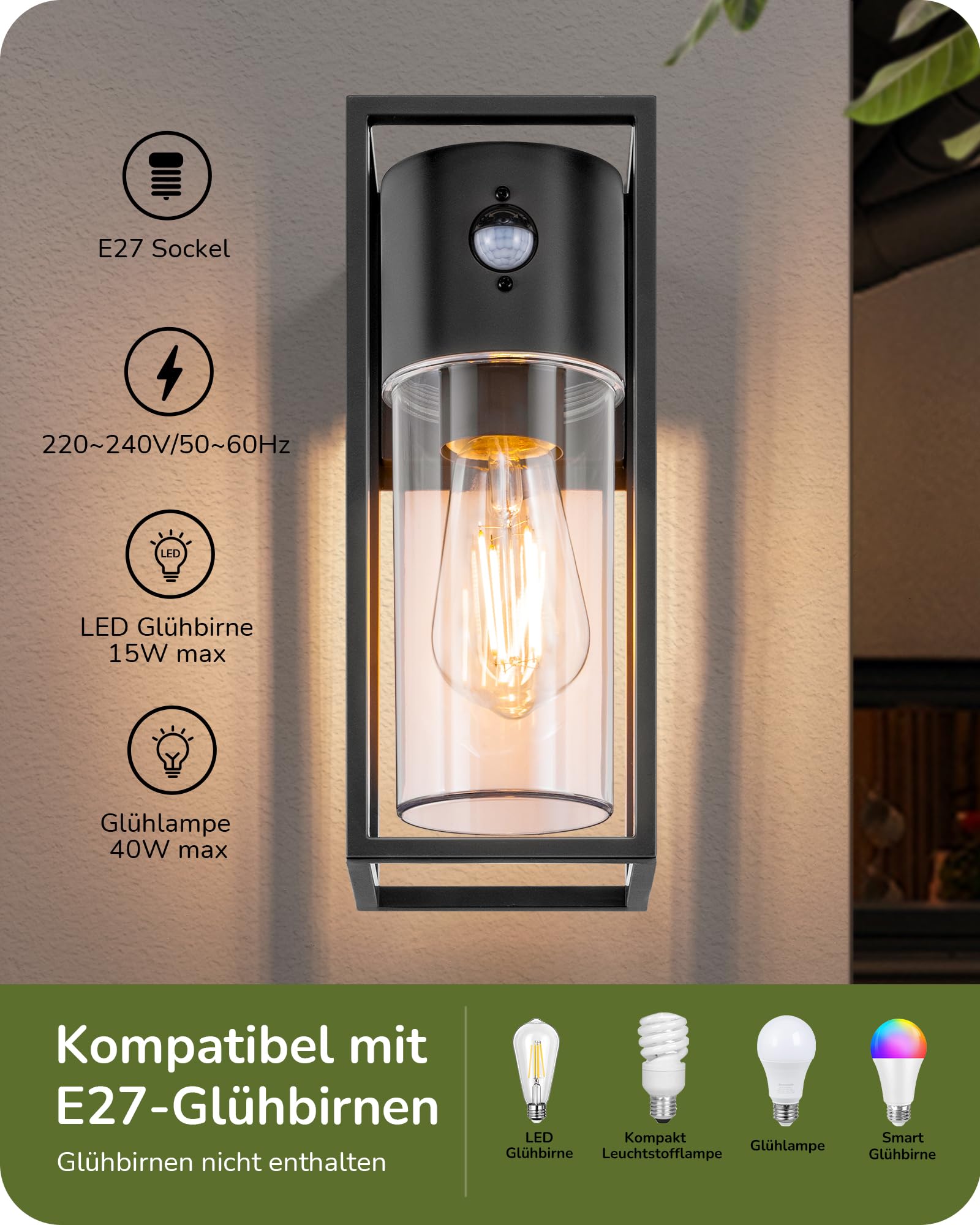 EDISHINE Zewnętrzna lampa ścienna z czujnikiem ruchu, gniazdo E27, wodoodporna IP44, lampa ścienna z aluminium i szkła hartowanego do ogrodu, balkonu, tarasu, frontu, żarówki nie są dołączone, czarna