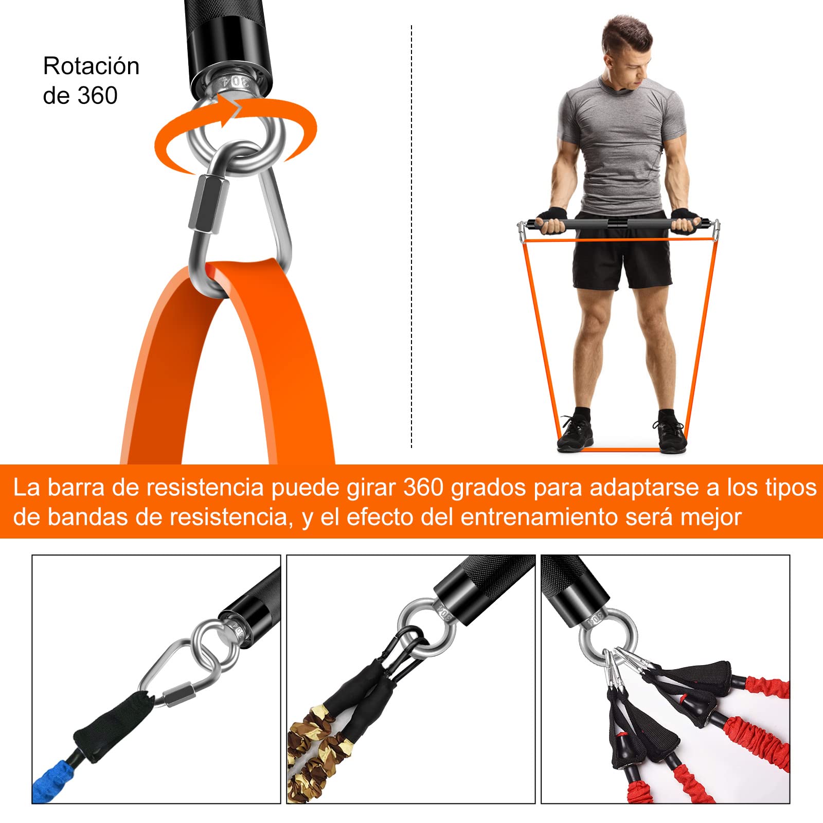 Pasek pasków fitness DASKING, opaski oporowe, odpinany drążek do ćwiczeń (maksymalna nośność 227kg), zawiera tylko czarny pasek pasków fitness X1, karabinekX2, instrukcje X1 i torbę sportowąX1. (90CM)