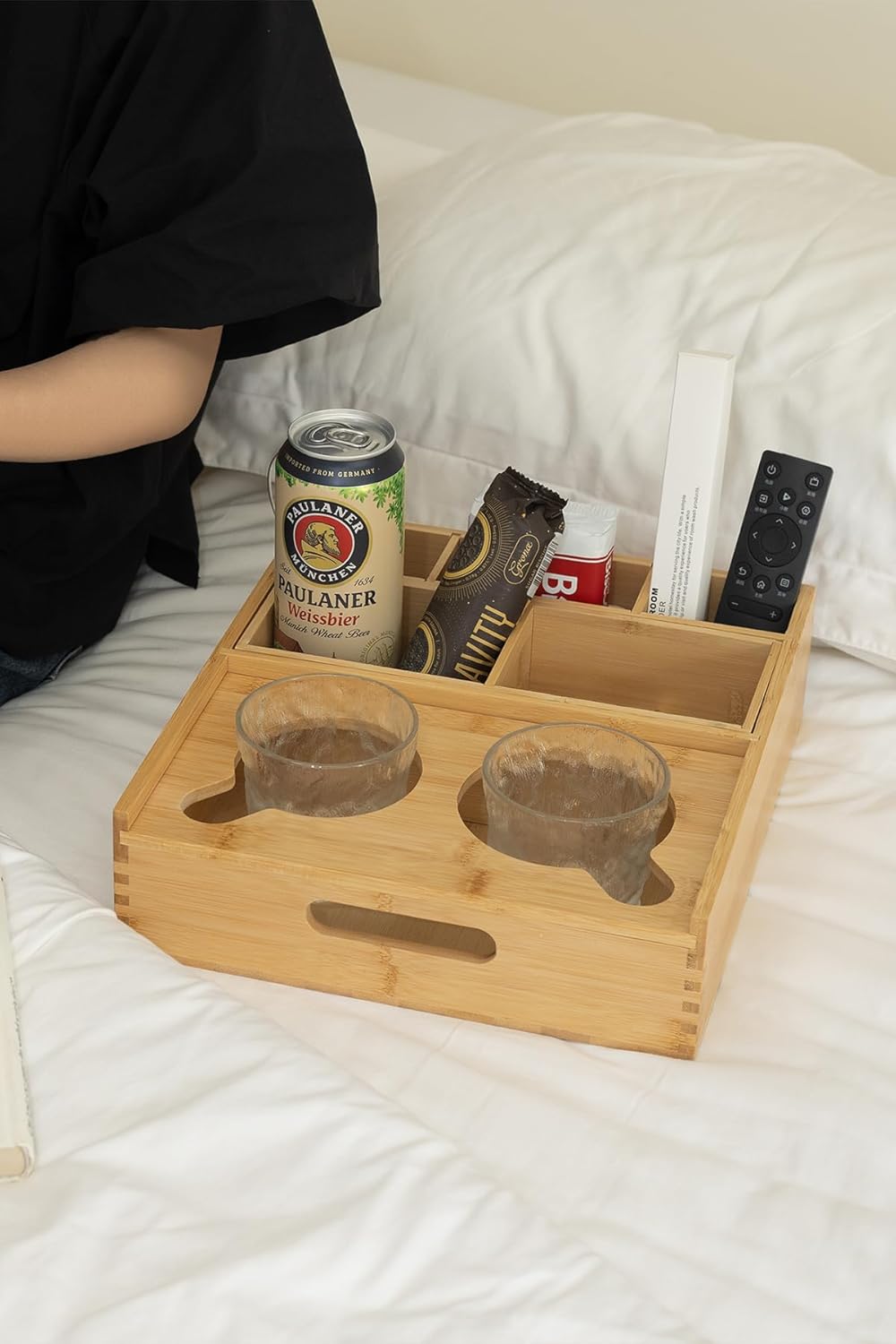 Large Bamboo Couch Caddy, Sofa Cup Holder Tray with 7 Compartments, Couch and Bedside Organizer for Drinks, Snacks, and Remotes (Large)