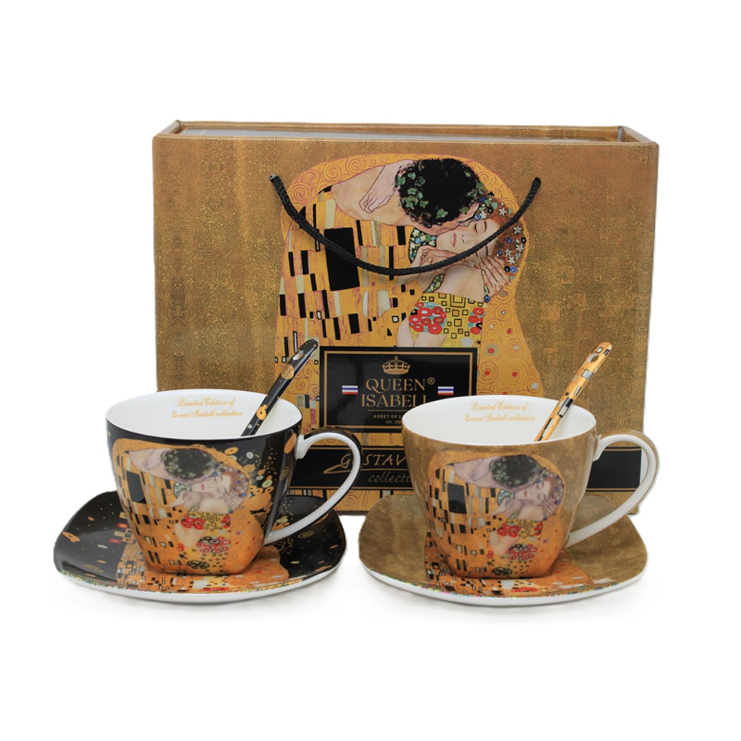 Juego de 2 tazas de porcelana con cucharas de Klimt De Kiss 250 ml | Fine Bone | elegante juego de regalo con diseño artístico Gustav Klimt | porcelana de lujo en caja
