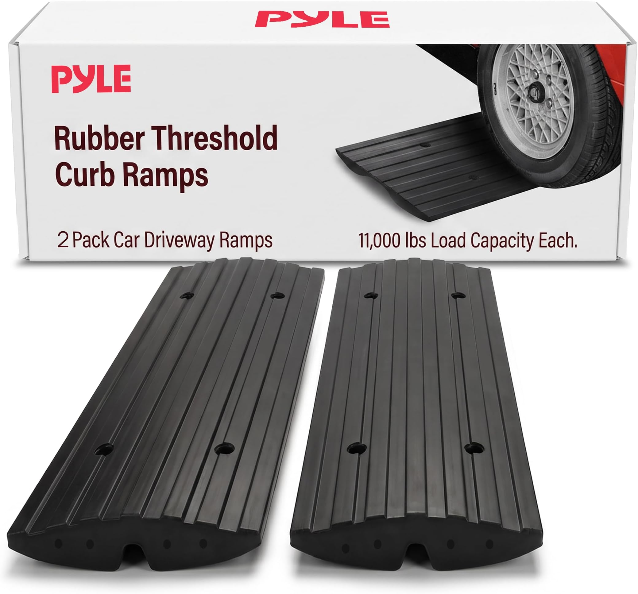 Pyle Car Vehicle Curbside Driveway Ramp - 4ft Heavy Duty Rubber Threshold Bridge Tracks Curb Ramps, 2 Pieces Set (for Car, Truck, Scooter, Bike, Motorcycle, Wheelchair Mobility), Black