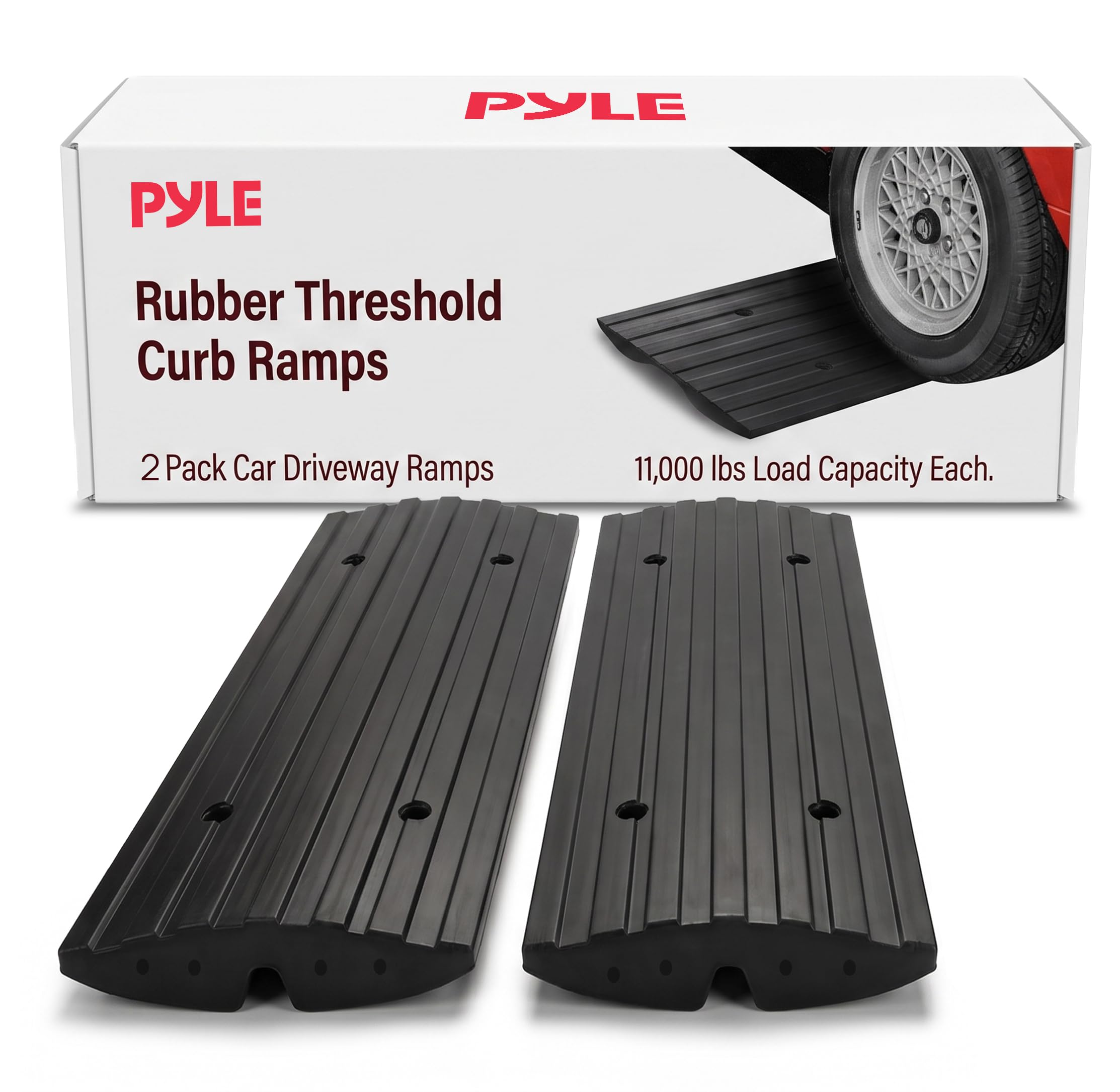 Photo 1 of Pyle Car Vehicle Curbside Driveway Ramp - 4ft Heavy Duty Rubber Threshold Bridge Tracks Curb Ramps, 2 Pieces Set (for Car, Truck, Scooter, Bike, Motorcycle, Wheelchair Mobility), Black