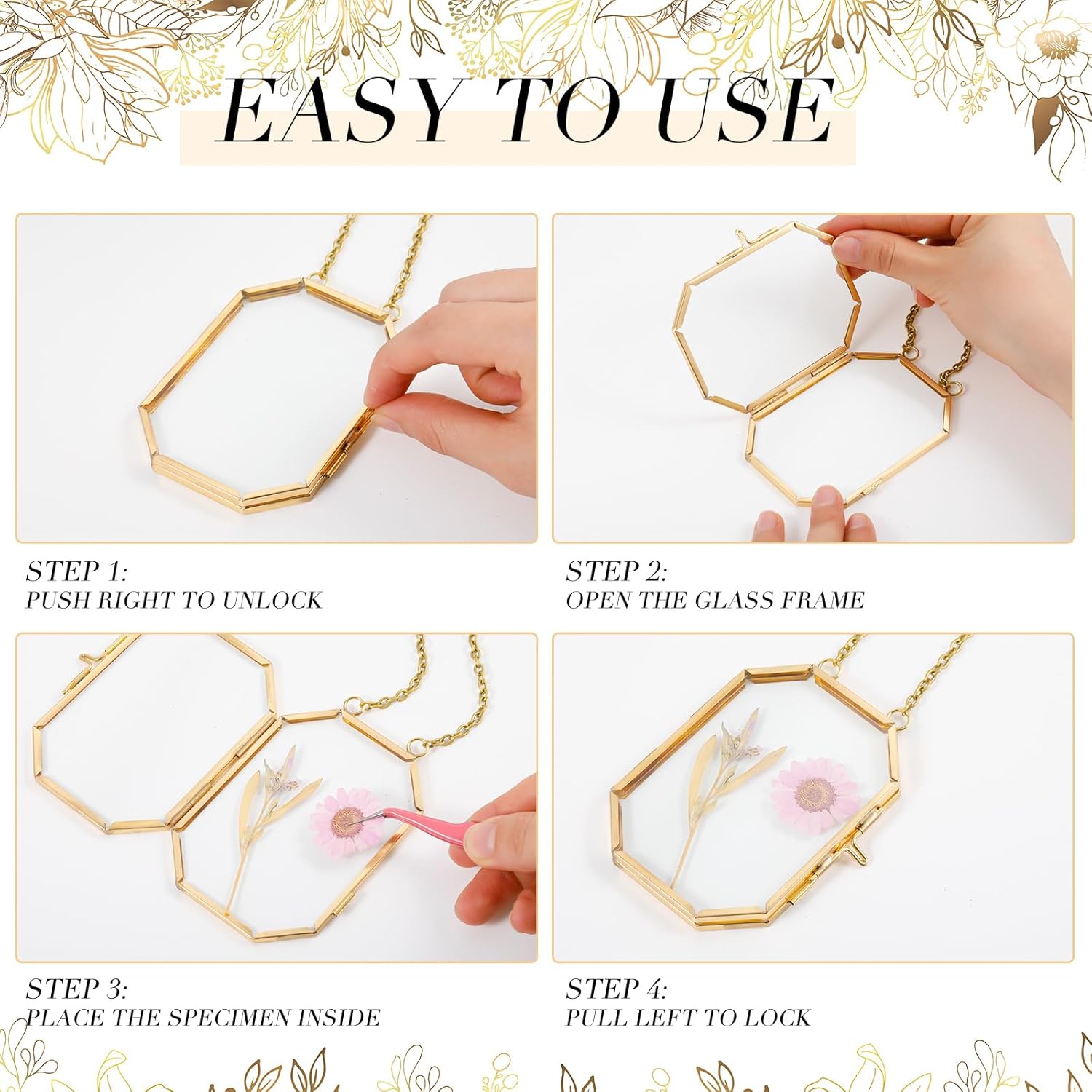 Wenqik 12 Pcs Bulk Pressed Flower Frame Octagon Dried Flowers Double Glass Floating Frame Picture with Chain Vintage Decor for DIY Photo Dried Plant Specimen Display, 3.5 x 2.5 Inch, Gold