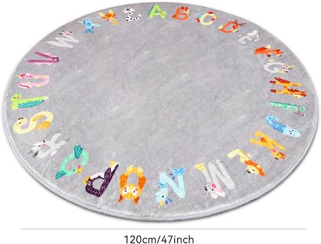 Round ABC Kids Rug,4 ft Animal Alphabet Playroom Rug,Washable Non-Slip Cute Rug for Kids Room,Educational Kid Play Mat Classroom Carpet for Playroom Kid Room Bedroom Decor(for Age 2+)