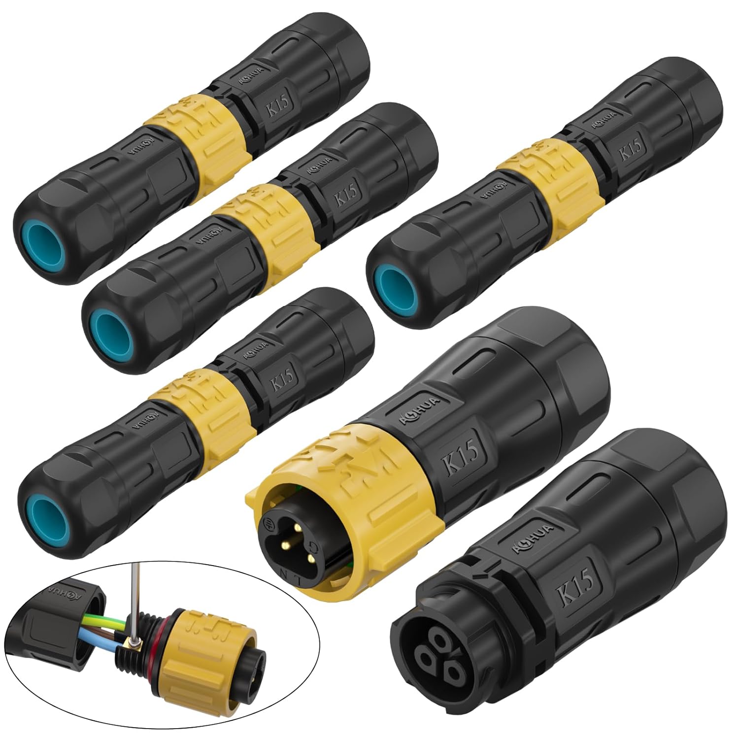 AOHUA 5-Pack K15 IP68 Waterproof 3-Pin Connector - Quick Docking 300V/10A Male/Female Electric Plug Socket for 5.0-9.5mm Cables, Industrial/Aviation Grade (AH-K15-1003MMZ/FFZ01222-Y)