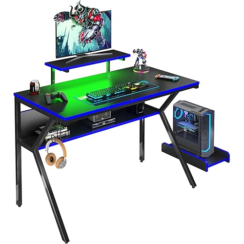 Bestier 44" K-Shaped Gaming Desk with Led Light CPU Stand Carbon Fiber RGB Computer Desk with Bookshelf Student PC Writing Study Table for Home Office Sturdy, Black/Blue