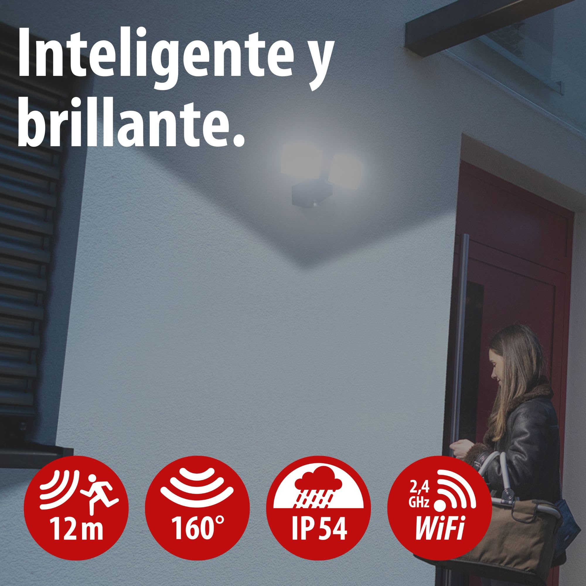 Brennenstuhl Connect WiFi Foco LED doble WFD 3051 P con detector de movimiento (36W, 4300lm, IP54, varias funciones de luz ajustables a través de la app, foco de exterior para montaje en pared)