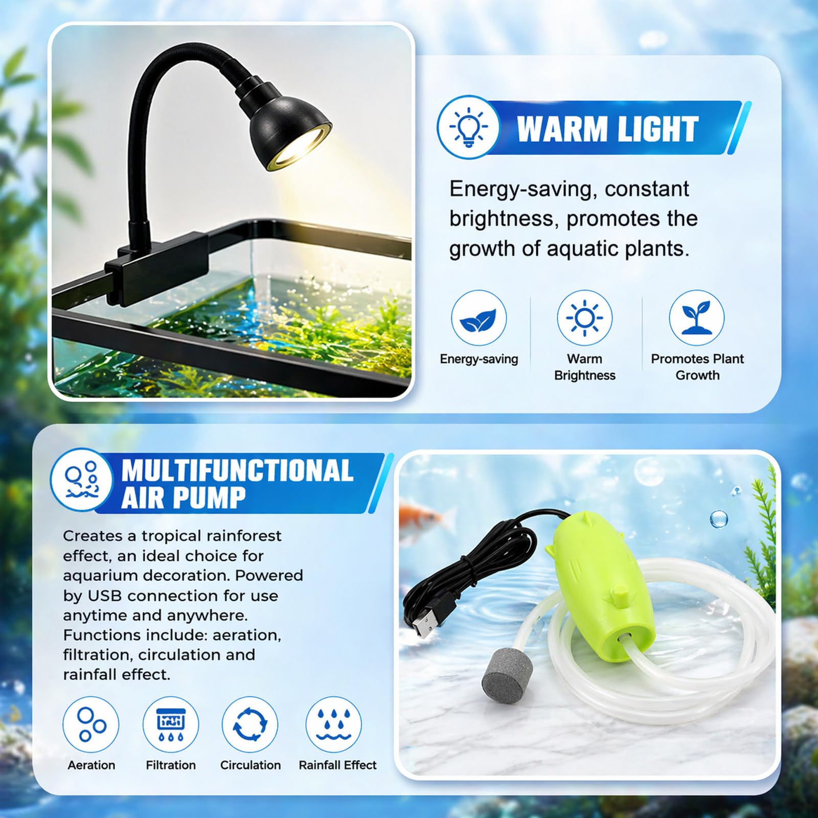 Kit de iniciación de pecera de 5 galones con bomba de aire de red ligera para plantas acuáticas y guijarros, pecera pequeña Betta para camarones, Guppy y Tetra de neón, acuario de escritorio