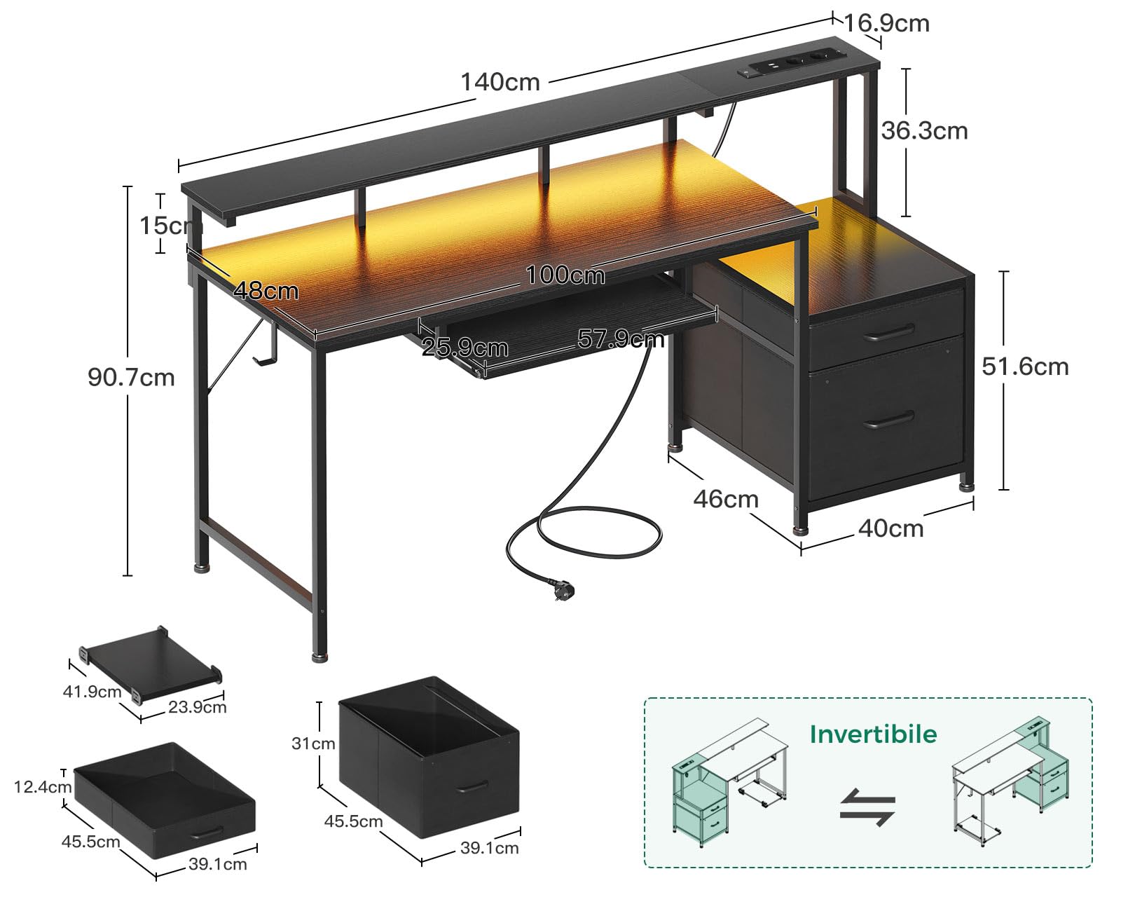 Coleshome Scrivania Gaming con LED e Prese, 140x48cm Scrivania con 2 Cassetti, Tavolo Computer Reversibile con Supporto Monitor e Vassoio per Tastiera Ufficio Casa, Nero